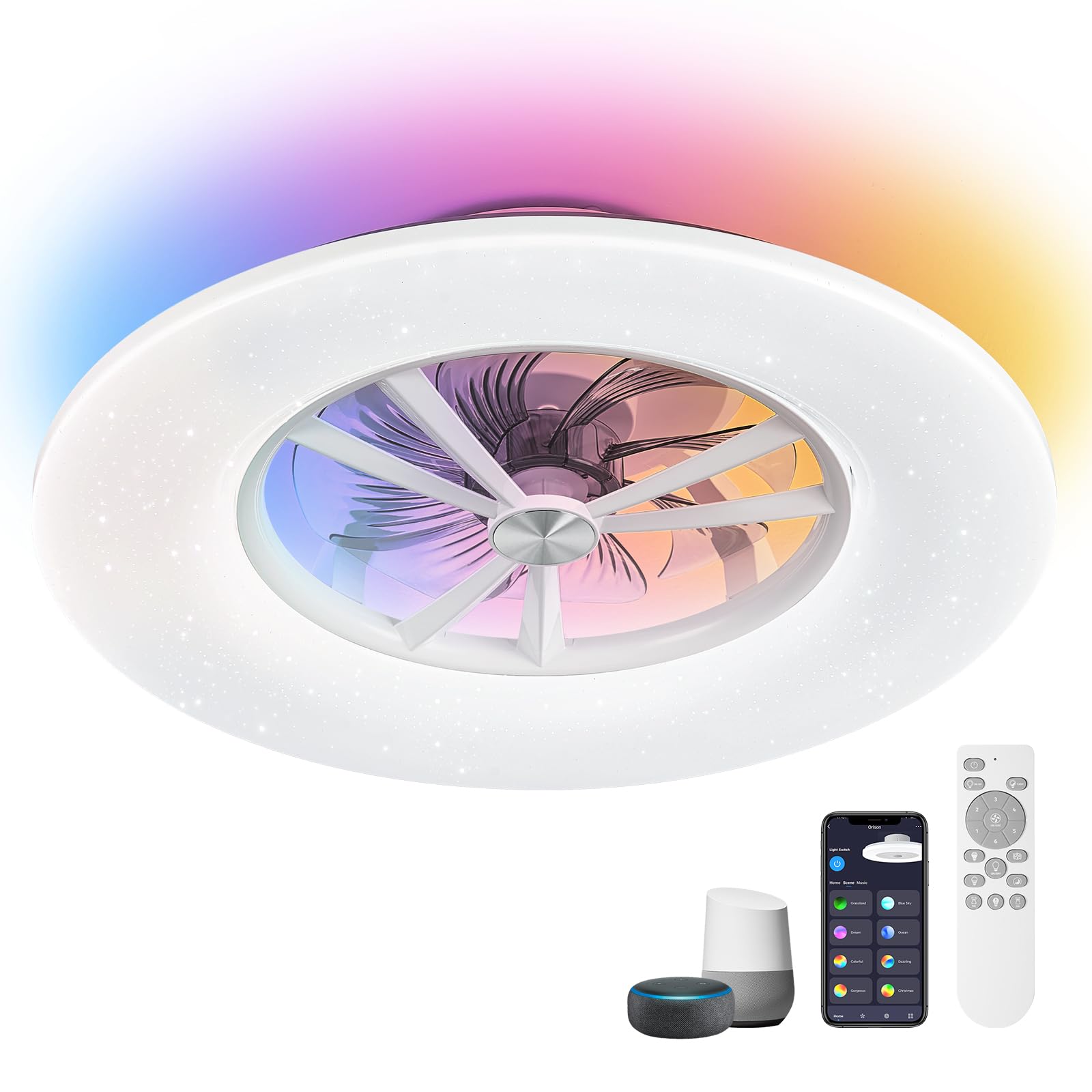 Orison RGB Ceiling Fans with Lights, 24'' Low Profile Ceiling Fan with Light and Remote, Smart Ceiling Fans with 8 Blades, Compatible with Alexa, Google Home and App Controlled (White)