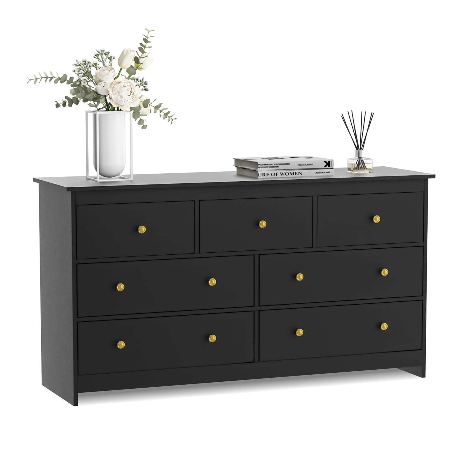 Black 7 Drawer Dresser with Gold Knobs