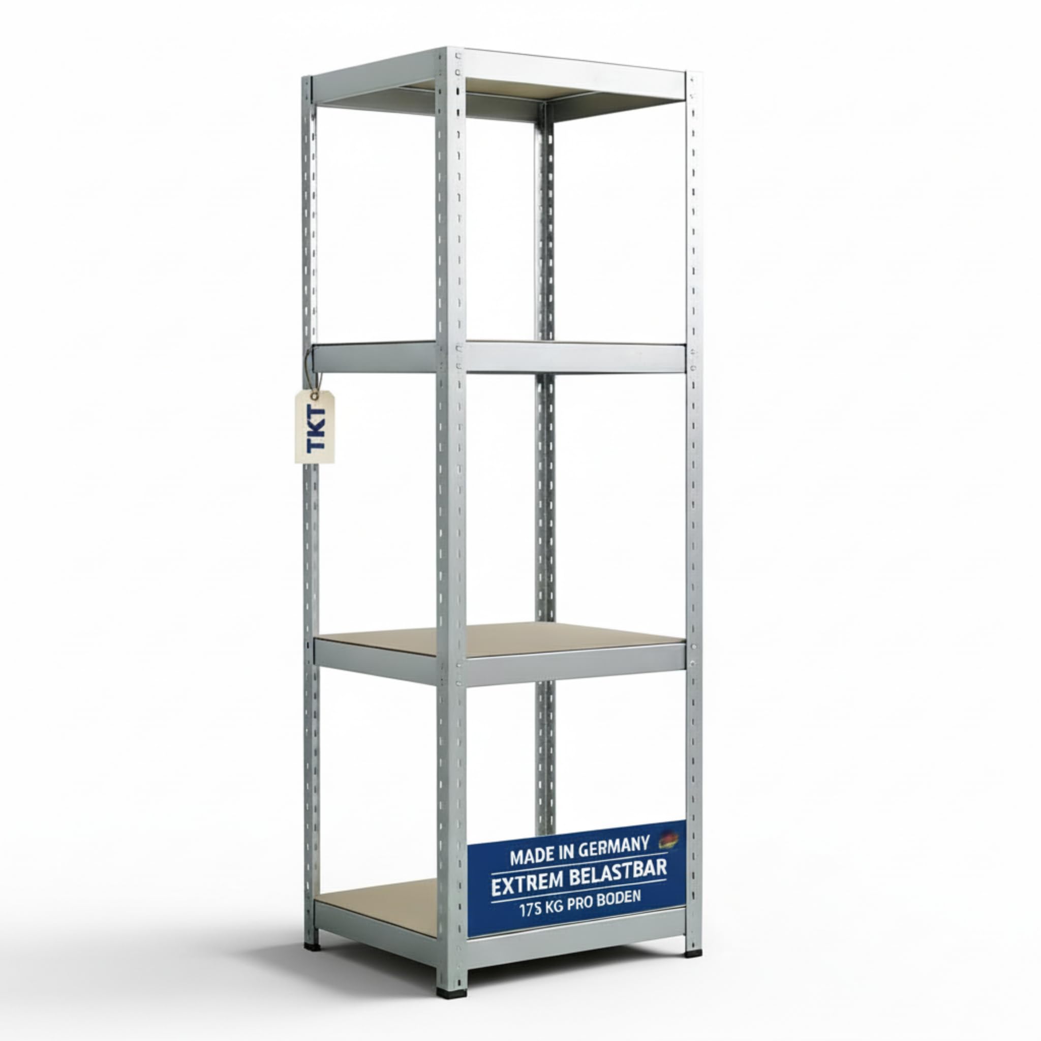 TKT – Work System Steckregal mit Holzböden 180x46x46cm - Verzinktes Regal mit 175kg Tragkraft pro Boden. Schwerlastregal mit 4 Böden für Werkstatt, Wohn- & Kellerraum