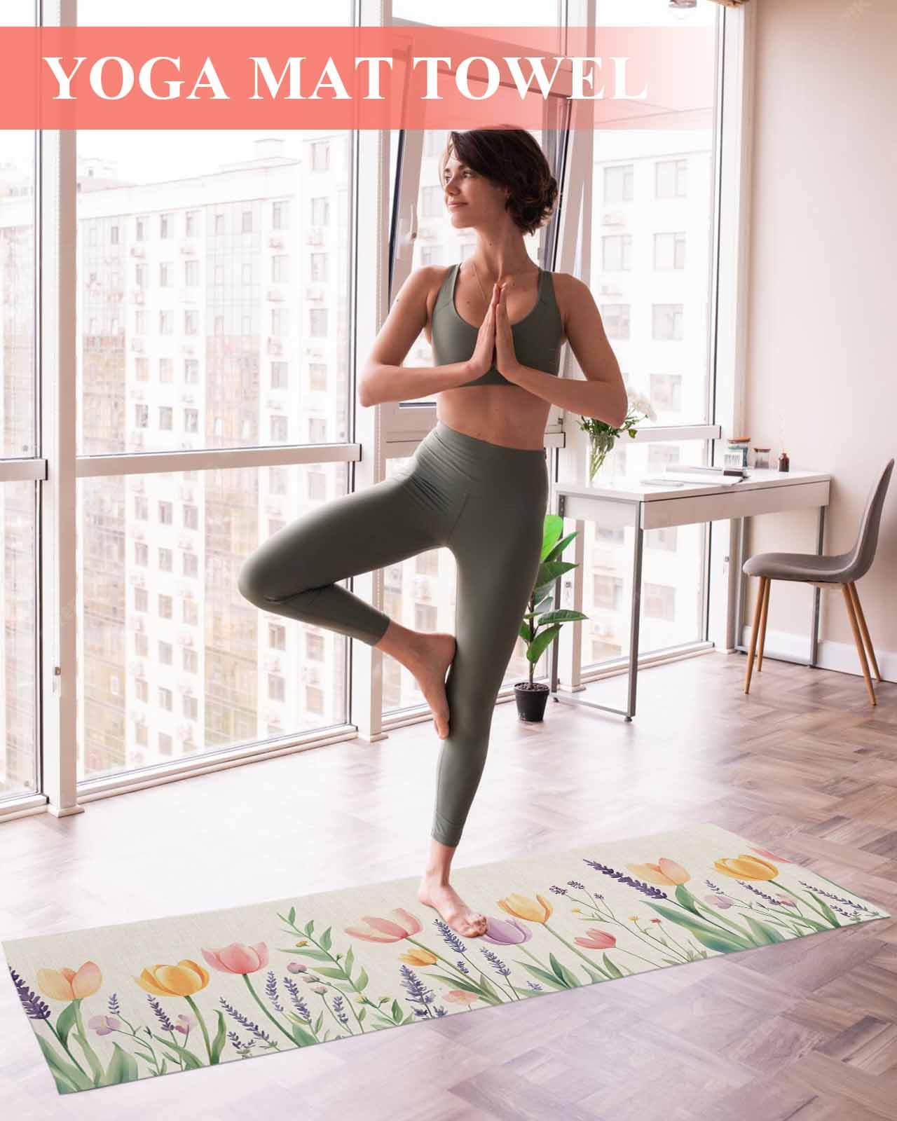 BOSIJOY Yoga Mat Towel,Watercolor Flower Green Leaves Non Slip Sweat Absorbent Hot Yoga Towels with Corner Pockets,Spring Tulip Lavender on Linen Soft Microfiber Towel for Pilates Bikram 74