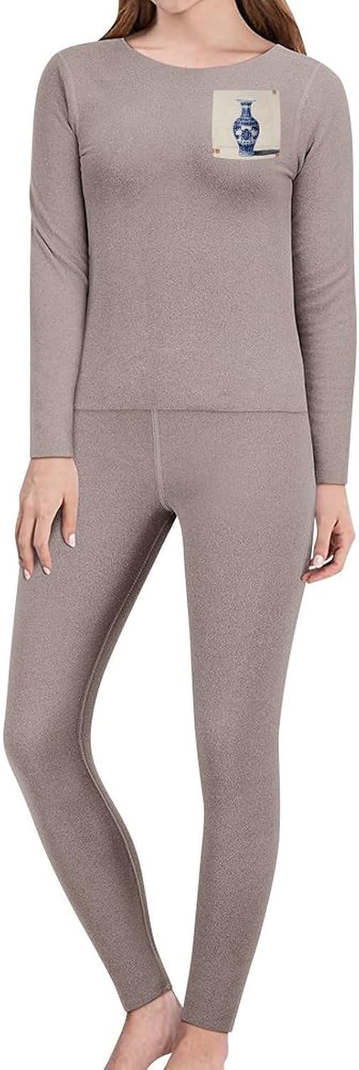 Chinese Blue Porcelain Vase Thermal Underwear Set for Women Long Johns Women Base Layer Top Bottom for Cold Weather
