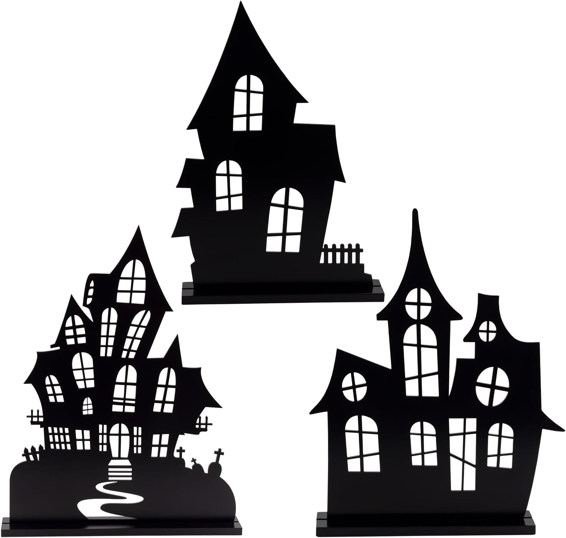 withbazar Spooky Halloween House Village Silhouettes (Set of 3); Scary Haunted House Wood Statue Figurines Centerpiece Set