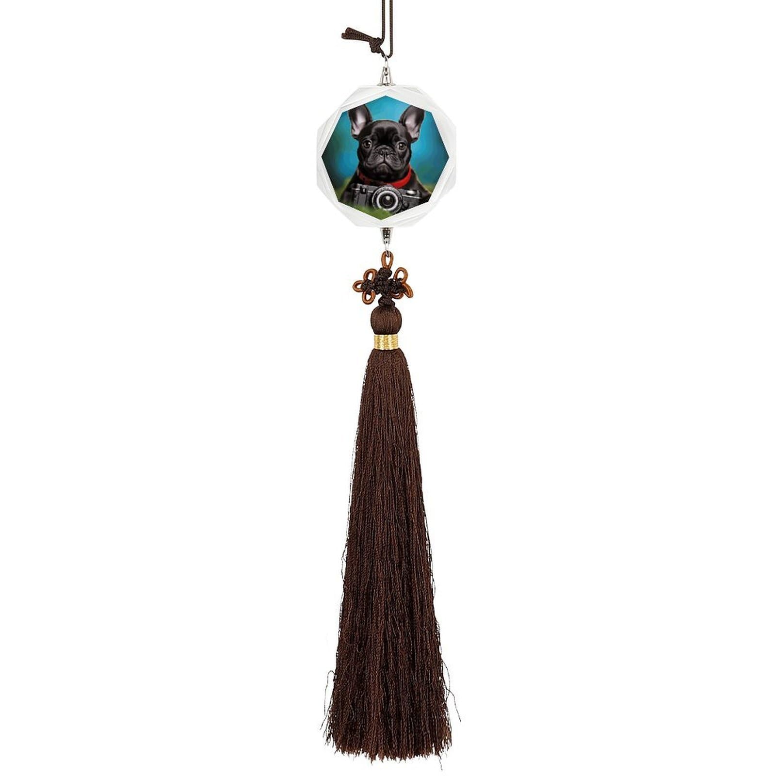 French Bulldog Puppy with Camera Car Pendant Sun Catcher Crystal Ornament for Rearview Mirror, Elegant Car Hanging Ornament with Tassel for Home & Office Decor