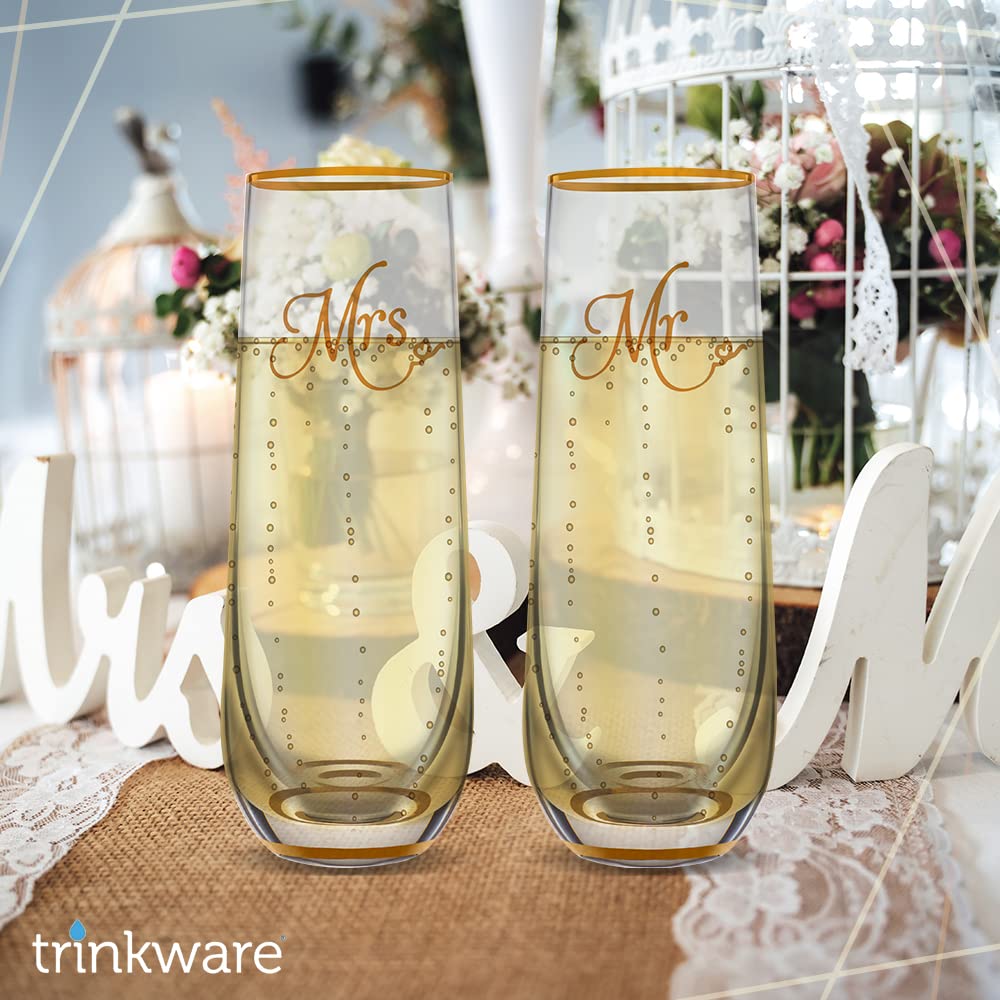 Lot de 2 flûtes à champagne sans pied avec bord doré et base – Cadeau de mariage pour mariée et marié – Cadeau de mariée – Cadeau de mariée – Cadeau Mr et Mrs