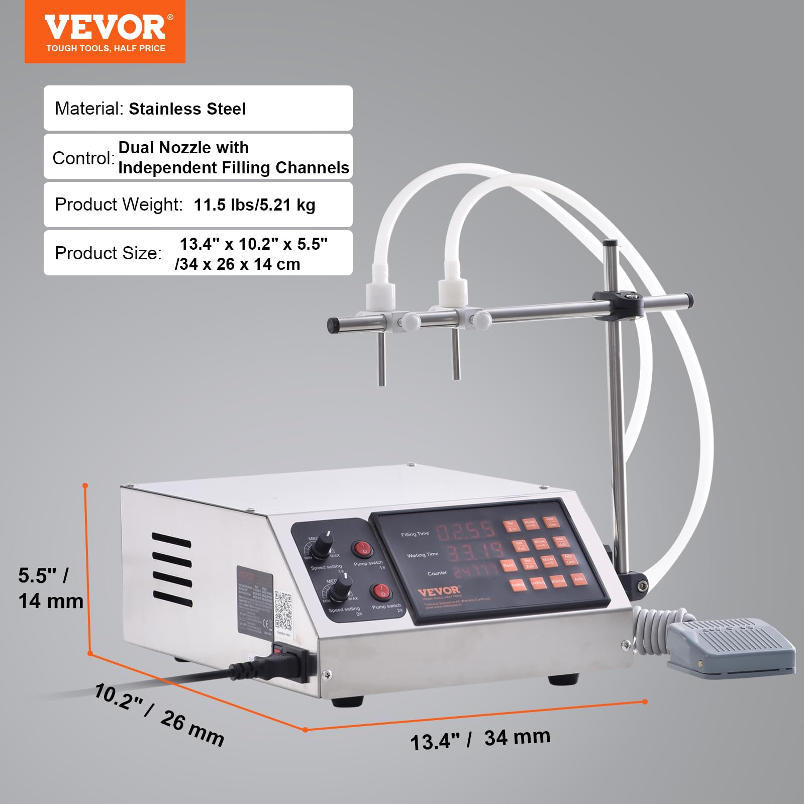 VEVOR Riempitrice Doppio ugello con canali di riempimento indipendenti riempitrice di liquidi riempitrice per Bottiglie da 3,7 L/min riempitrice per Pasta 34 x 26 x 14 cm