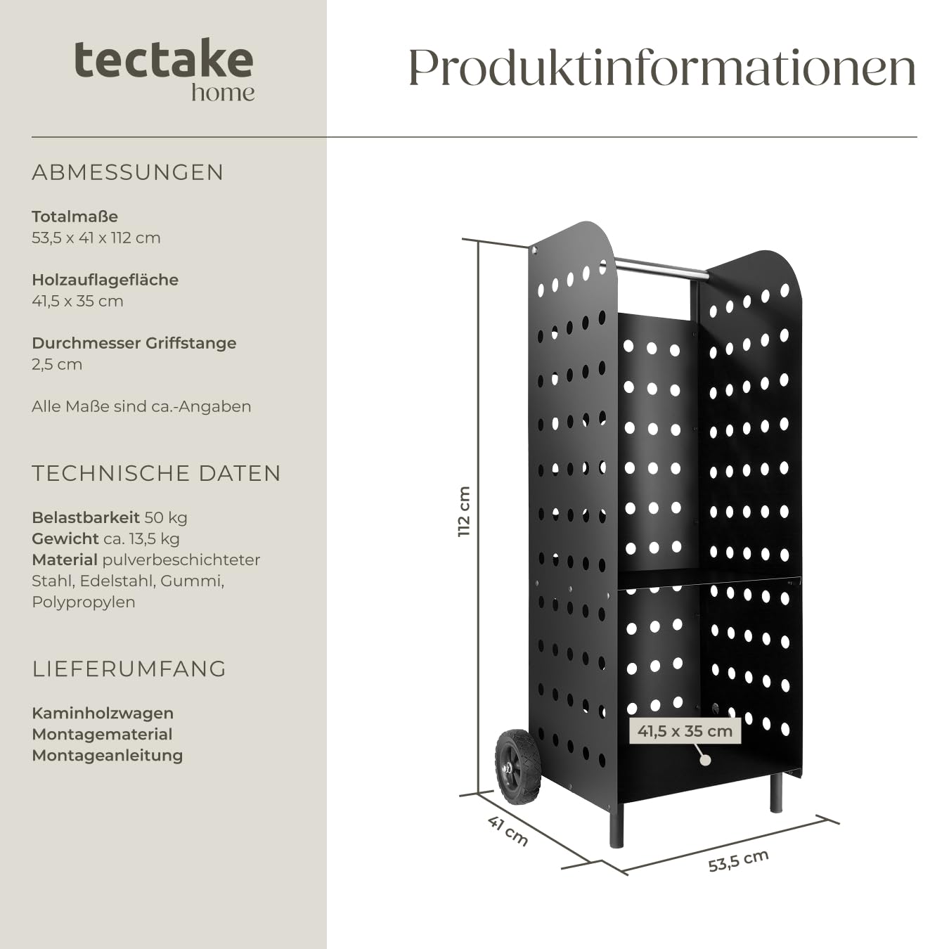 tectake® Holz Regal extrabreit mit Rollen, für aussen und innen, Kaminholzregal, Brennholzregal aus Metall, wetterfest, mobiles Holzlager, Transportwagen für Feuerholz, Kaminzubehör - schwarz