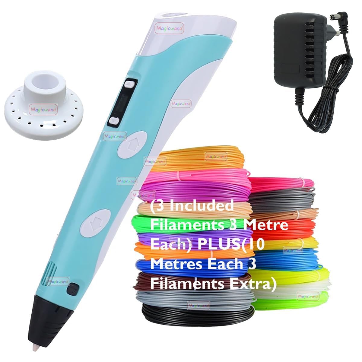 Magicwand【with Adaptor】| !!! Very IMP !!!【Long Press Filament Forward Button to Start 3D Pen】| 3D Printing Pen with LCD Display【10 Metre Each 3 Filaments Extra & 3 Metre Each 3 Filaments】【Pack of 1】