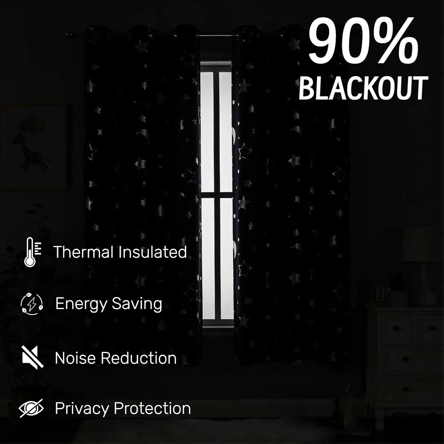 2 Panels Star Moon Curtains for Kids Room, Blackout Curtains for Boys Nursery Bedroom, Space Themed Room Decoration, Window Light Blocking and Heat Insulation (Navy Blue, W52×L63)