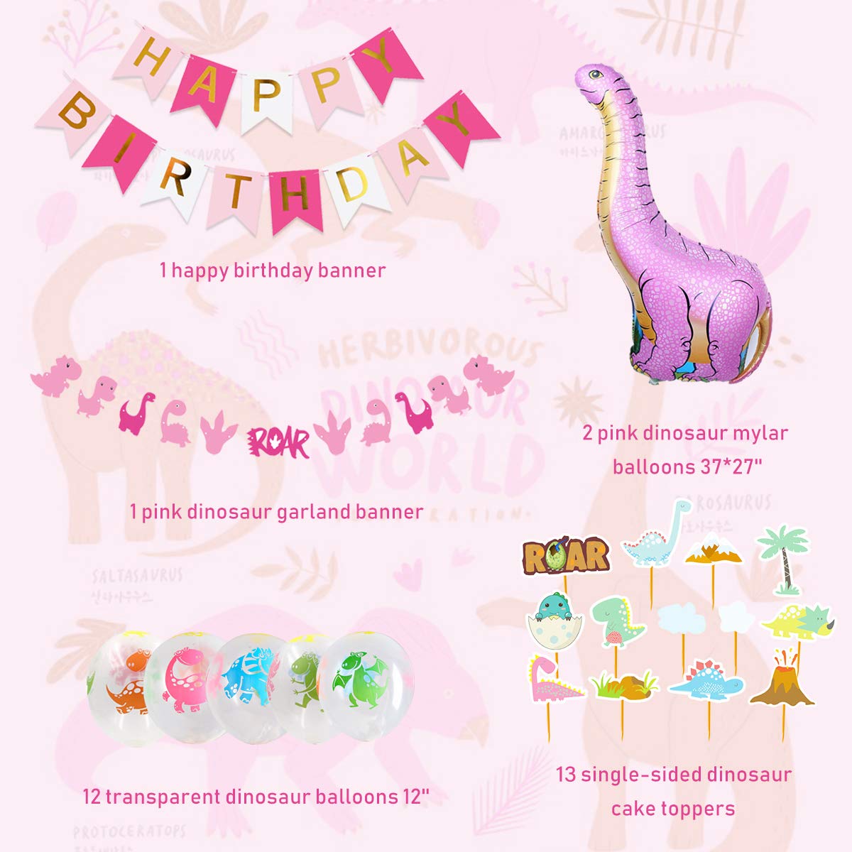 Dinosaur Birthday Party Decorations Girls Pink Dinosaur Balloons Happy