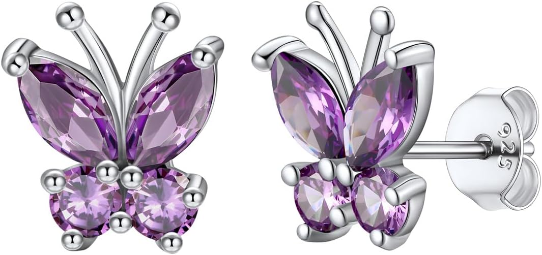SILVERCUTE 925 Sterling Silver Butterfly Earrings for Women,Butterfly Birthstone Stud Earring/Ear Cuffs,Hypoallergenic Birthday Earrings for Women