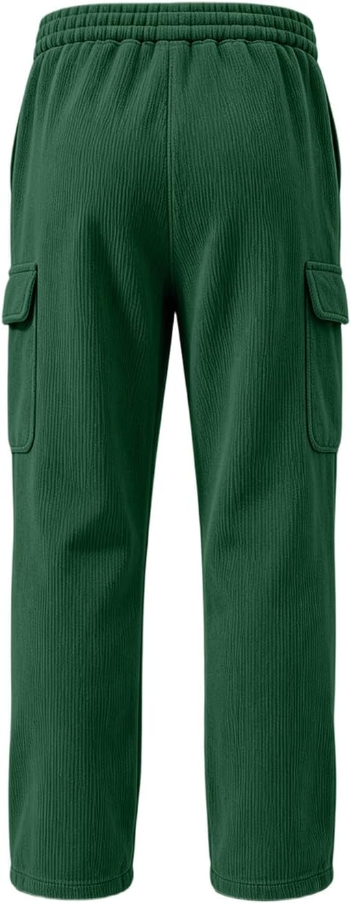 Mens Corduroy Cargo Pants Drawstring Waist Straight Work Trousers | Soft Comfortable,Cargo Flap Pockets,Loose Fit,Vintage Solid Color,Ideal for Daily Wear,Street Style,Weekend Casual Outfits