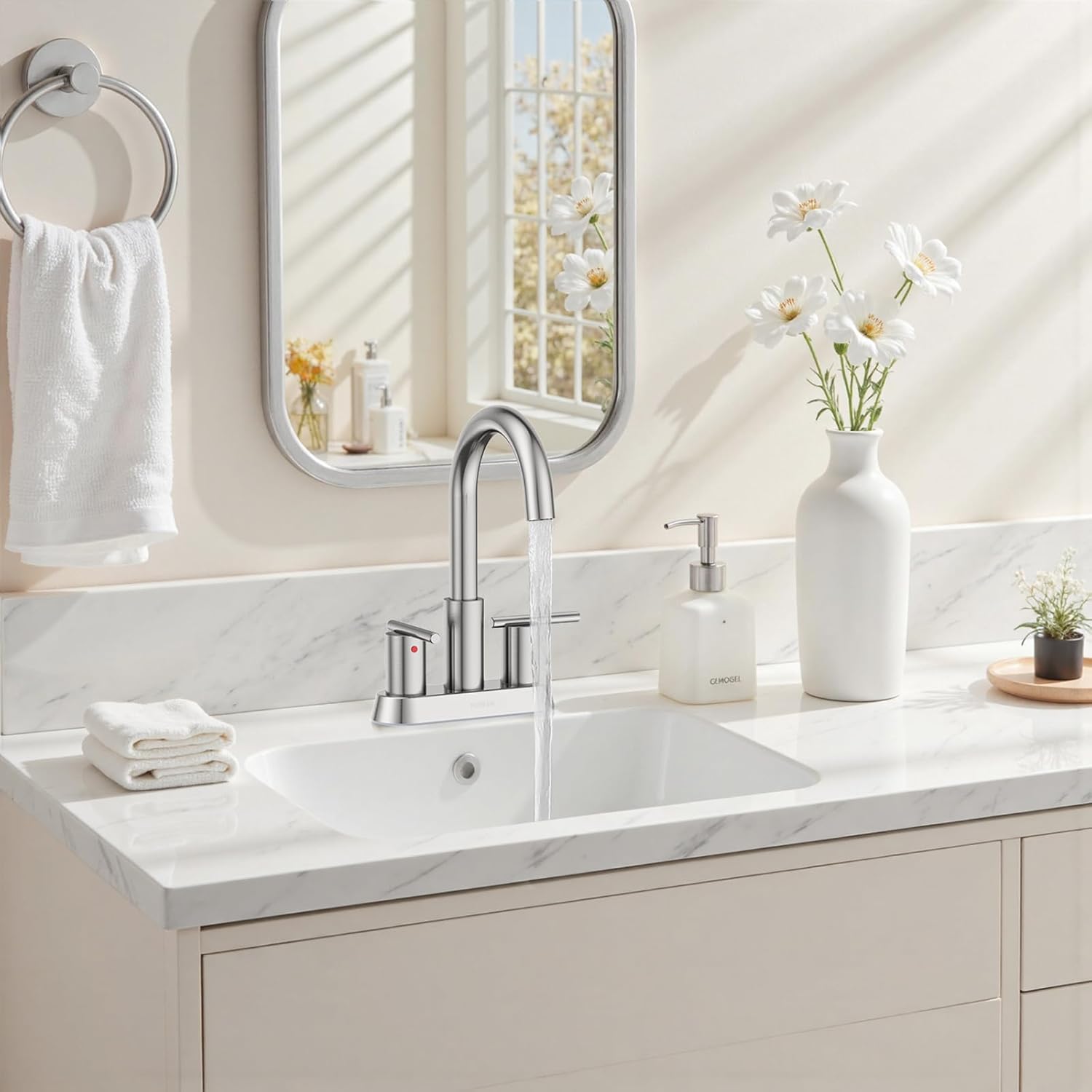 Hurran 4 Inch Bathroom Faucet for Sink 3 Hole, Brushed Nickel Bathroom Faucet with Pop-up Drain and 2 Supply Hoses,Stainless Steel Lead-Free 2-Handle Centerset Faucet for Sink Vanity RV