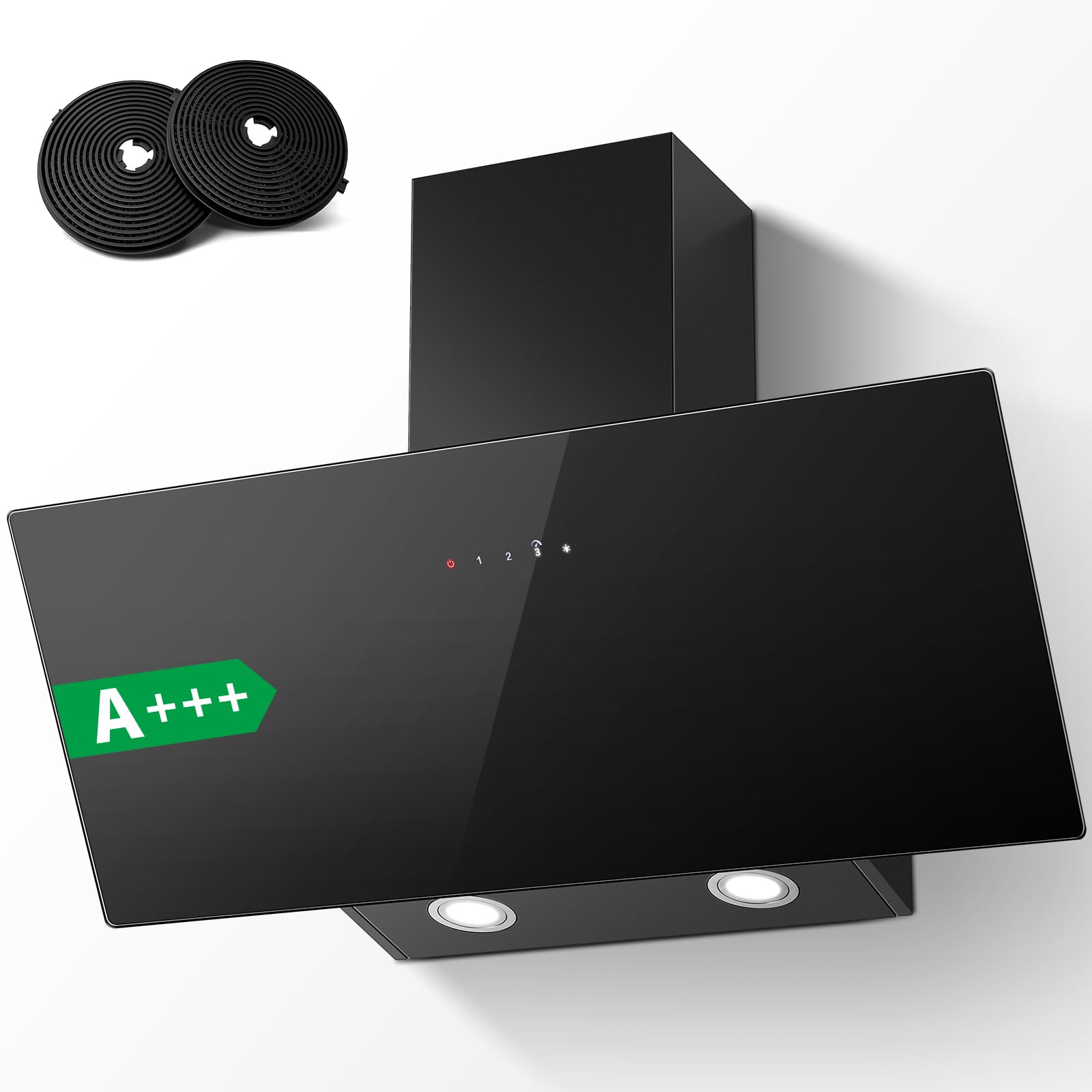 TopStrong Cappa aspirante 90 cm, Cappa Cucina Inclinata 90cm con Filtro a Carboni, 450 m³/h, Ricircolo & Canalizzazione, 3 Livelli di Regolazione + Booster, 58 dB, LED, Nero, Efficienza A+++ - 2