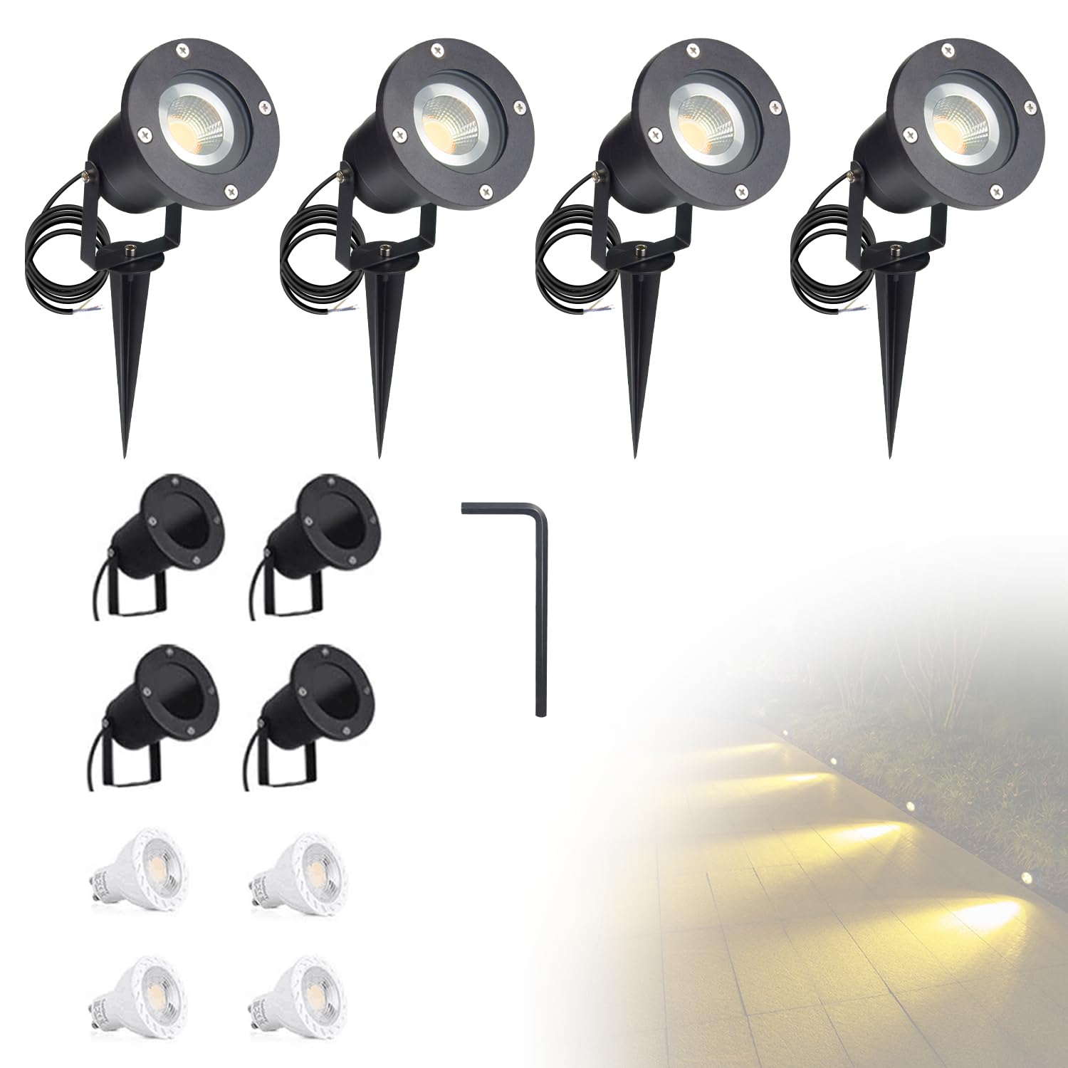 CPROSP 4er Set GU10 Gartenstrahler mit Erdspieß - 5W LED Außenstrahler IP65 Wasserdicht - Warmweiß 3000K - Inklusive LED Birnen - Ideal für Wege, Beete und Terrassen, mit 150CM Stromkabe