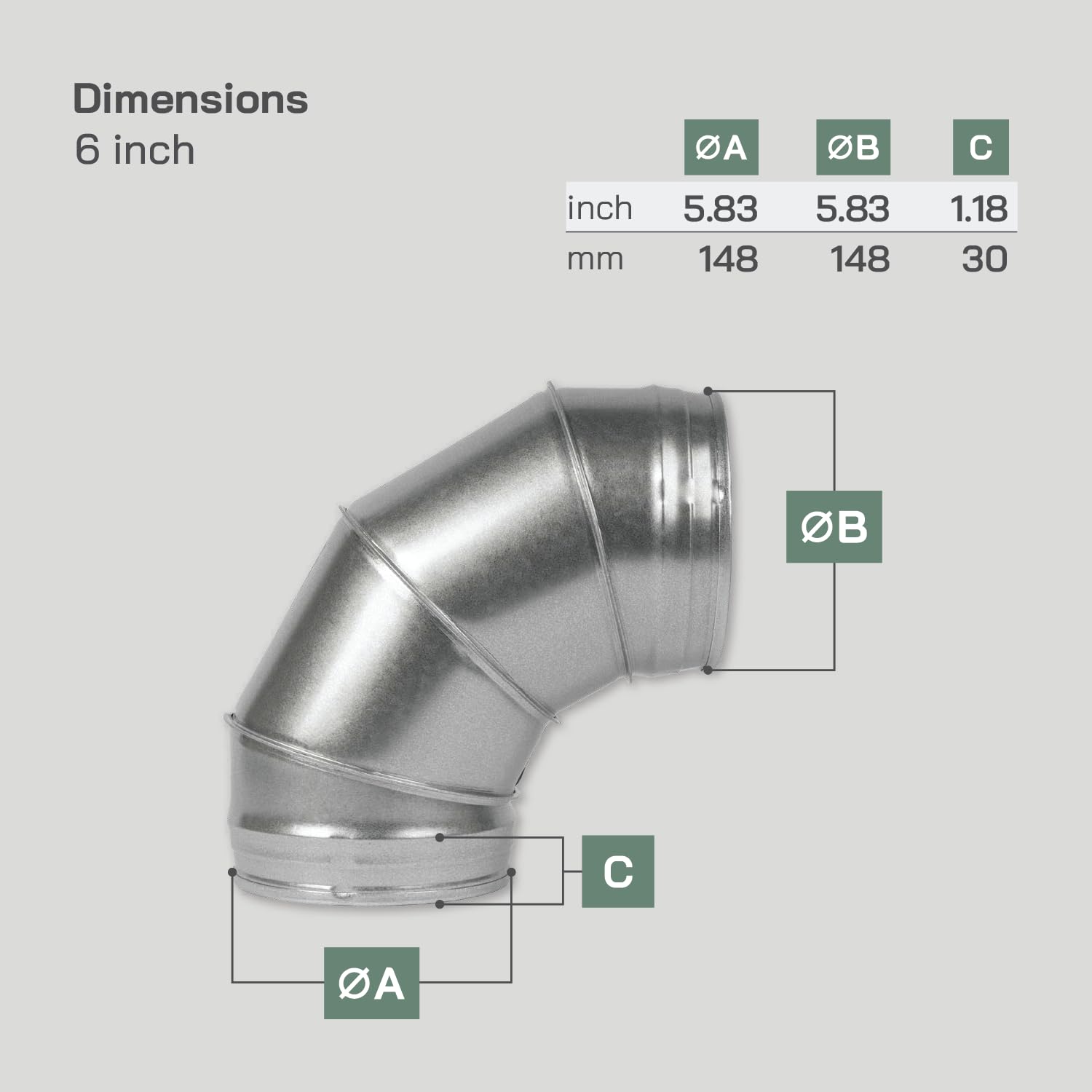 Vent Systems diameter 150 mm / 6" Inch Elbow Bend (90 Degree) Galvanised Steel Duct Pipe Connector for Round Ventilation - Image 2