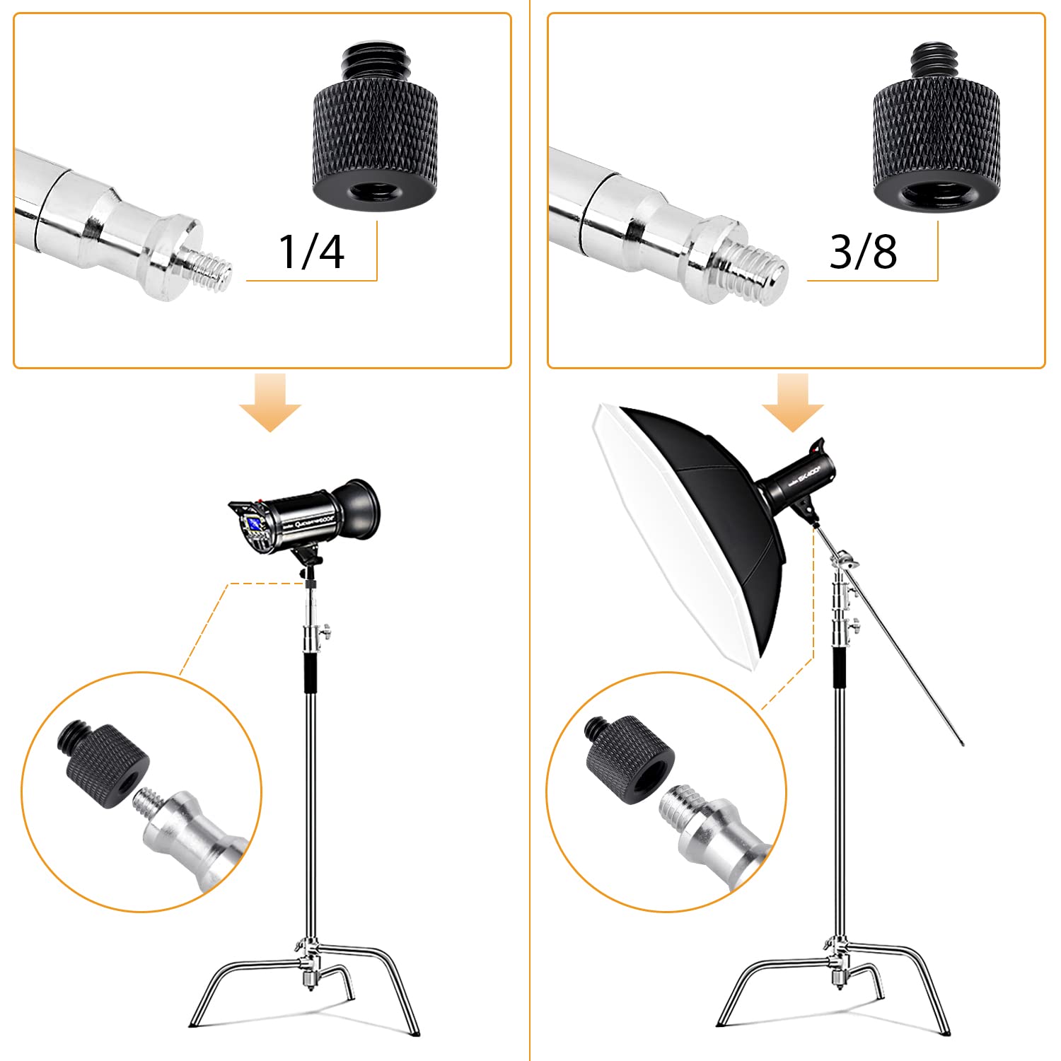 IPNSDON Adattatore per vite per treppiede in 2 pezzi, adattatore filettato da 3/8 a 1/4 e da 1/4 a 3/8, realizzato in lega di alluminio, adatto