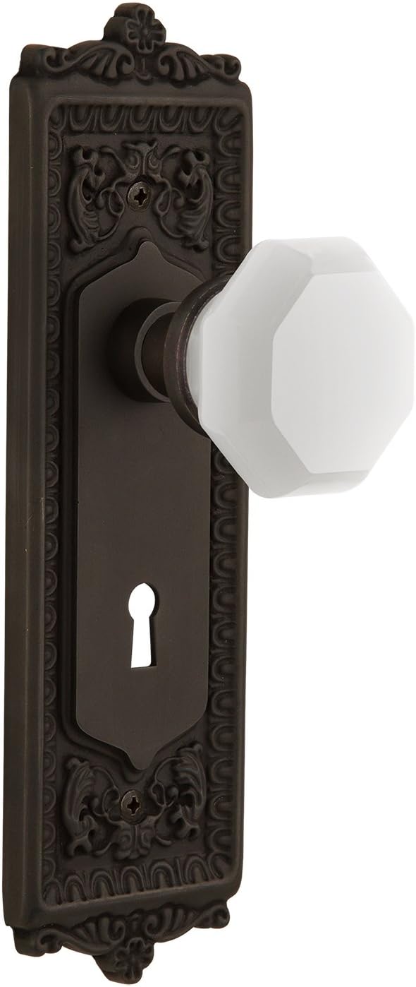 Nostalgic Warehouse 748819 Egg & Dart Plate with Keyhole Waldorf White Milk Glass Knob, Double Dummy, Timeless Bronze