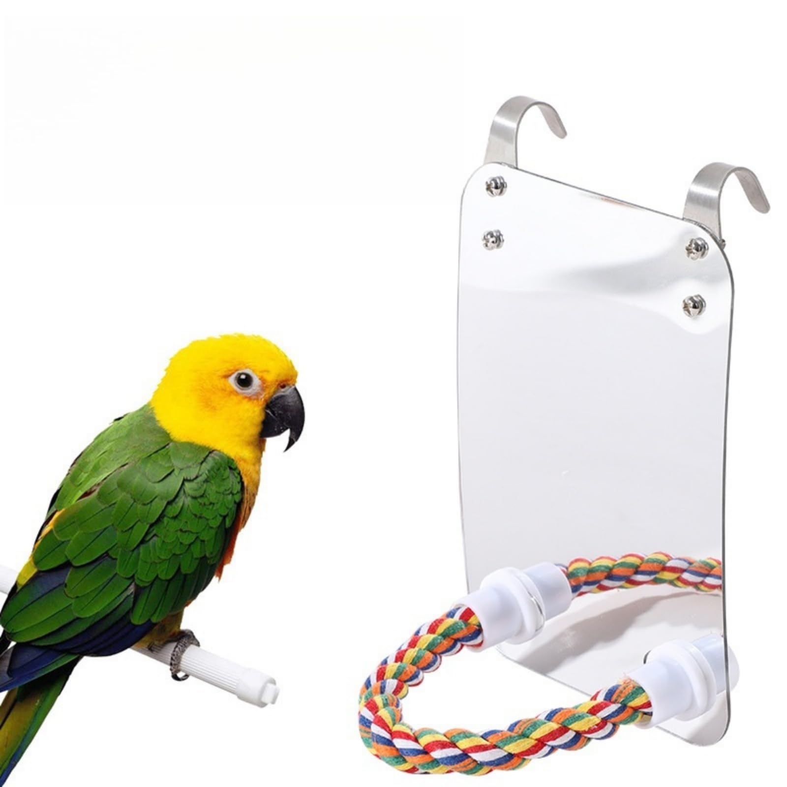 Bird Cage Mirror,Bird Mirror Swing Parrot Cage Toys with Rope Perch Stand Toy for Parakeet Cockatoo Cockatiel Conure Lovebirds Finch Canaries