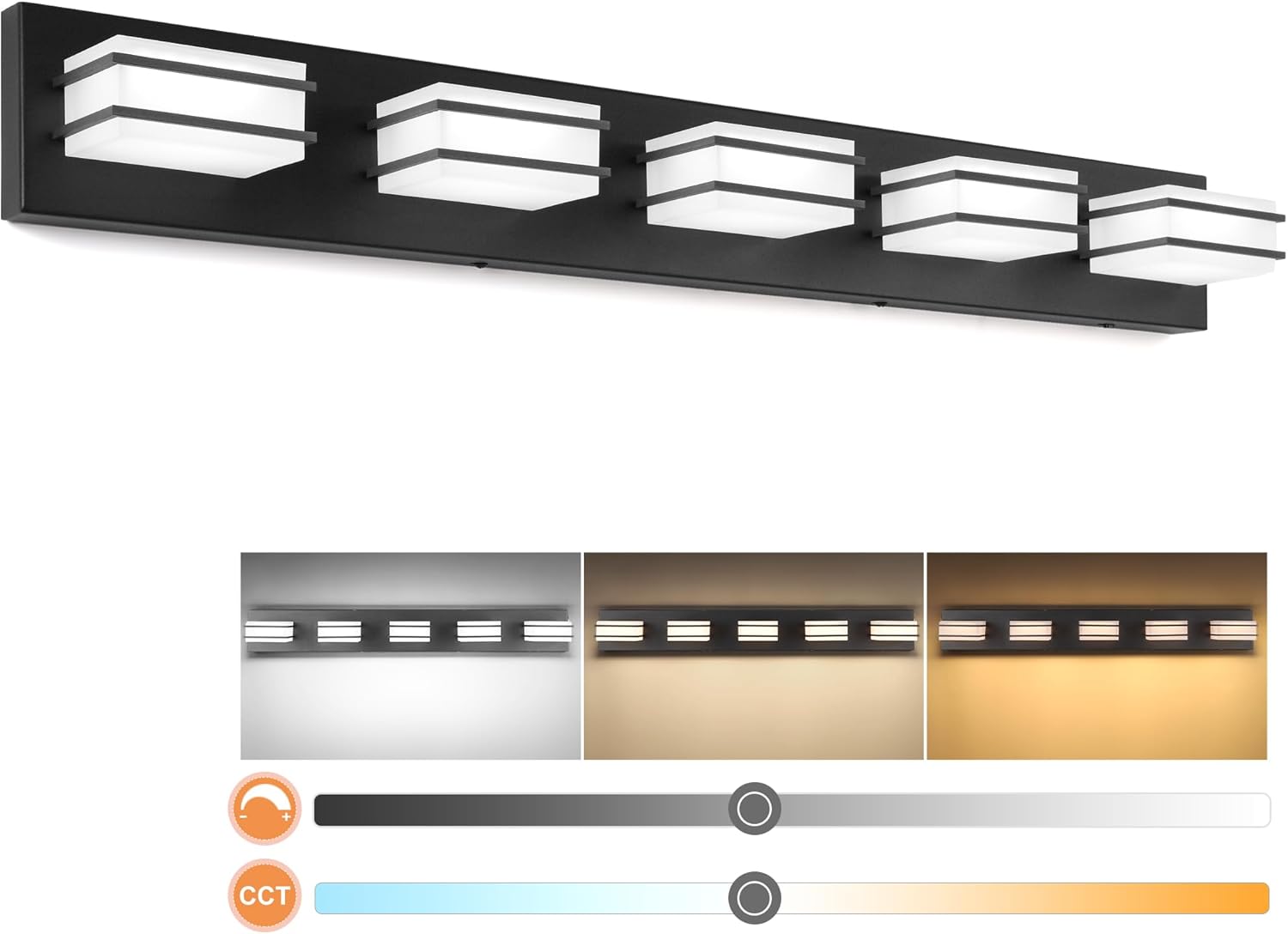 3 Color Temperature Dimmable Vanity Lighting Fixtures, LED Black 5 Light Bathroom Vanity Light Fixtures, Acrylic Stainless Steel Square Shade Vanity Lights for Bathroom, ETL Certificated