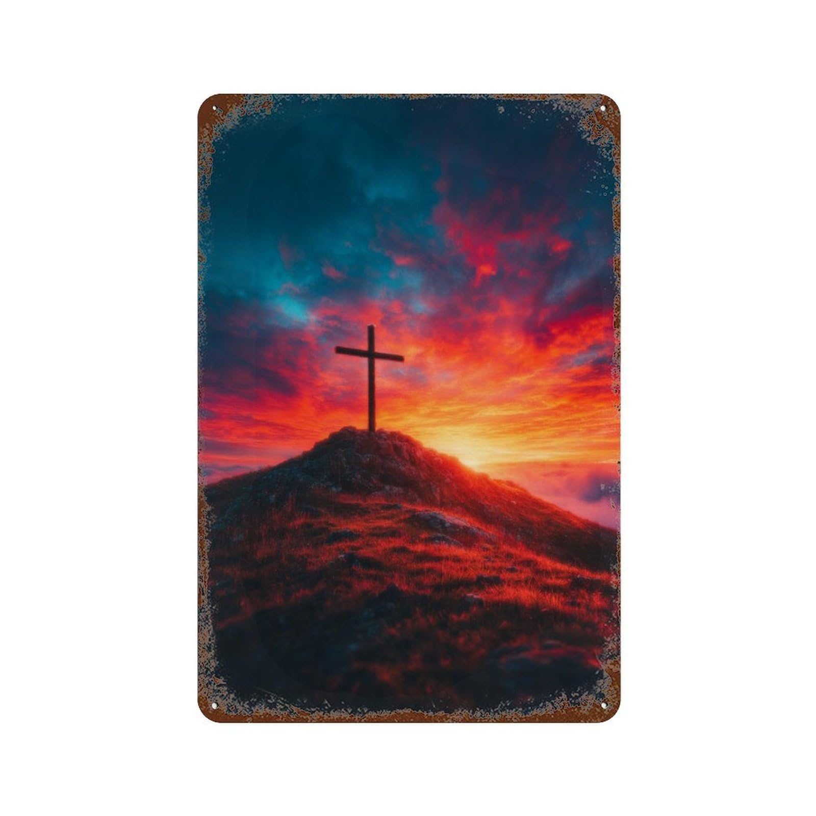 Cross on Hill at Sunset Rustic Tin Plaque 11.8"x7.9", Vintage Wall Decor for Garage, Pub Or Kitchen