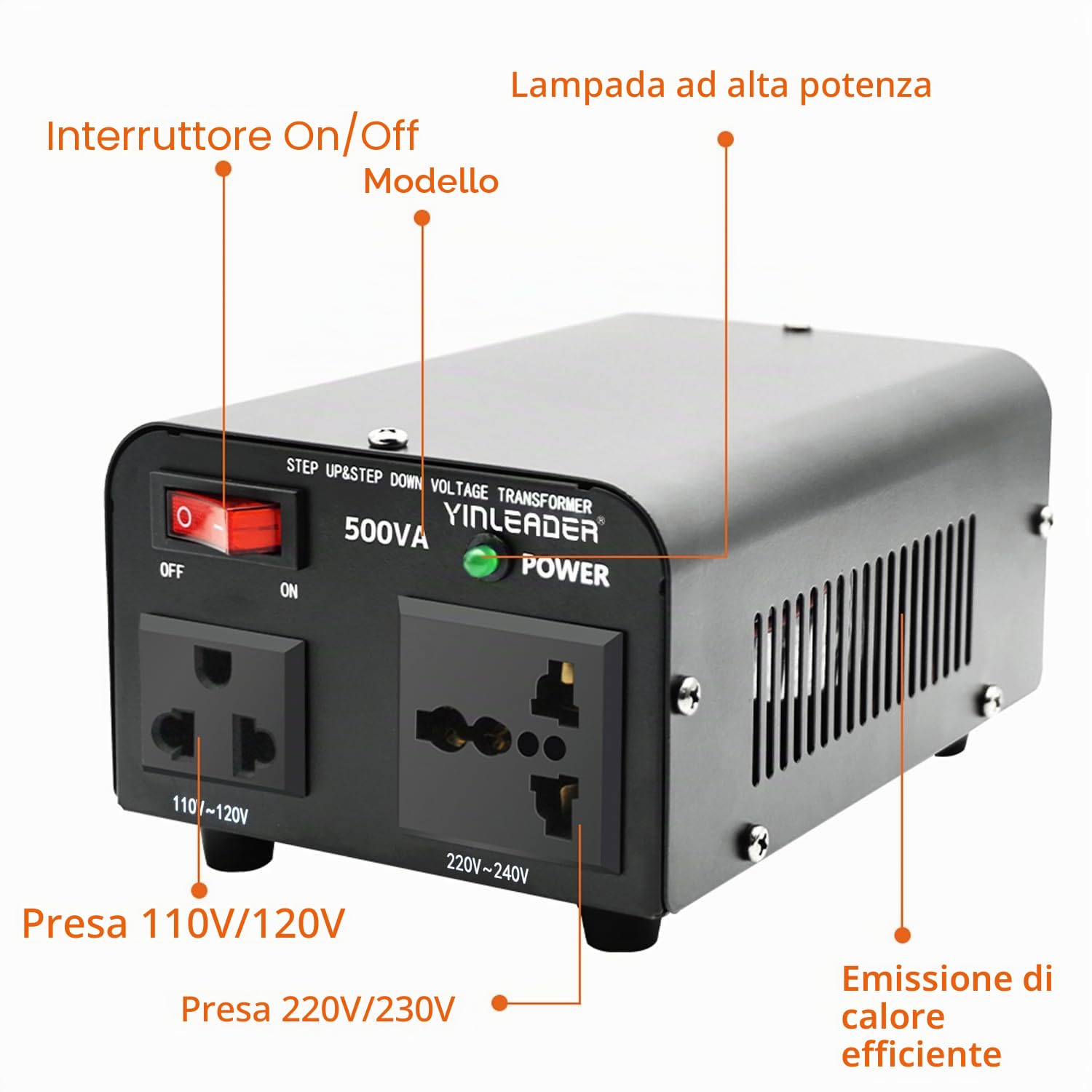 Yinleader 500 VA 230 V fino a 110 V USA Trasformatore di tensione a nucleo toroidale - Ingresso: 220 V / Uscita: 110 V e 220 V