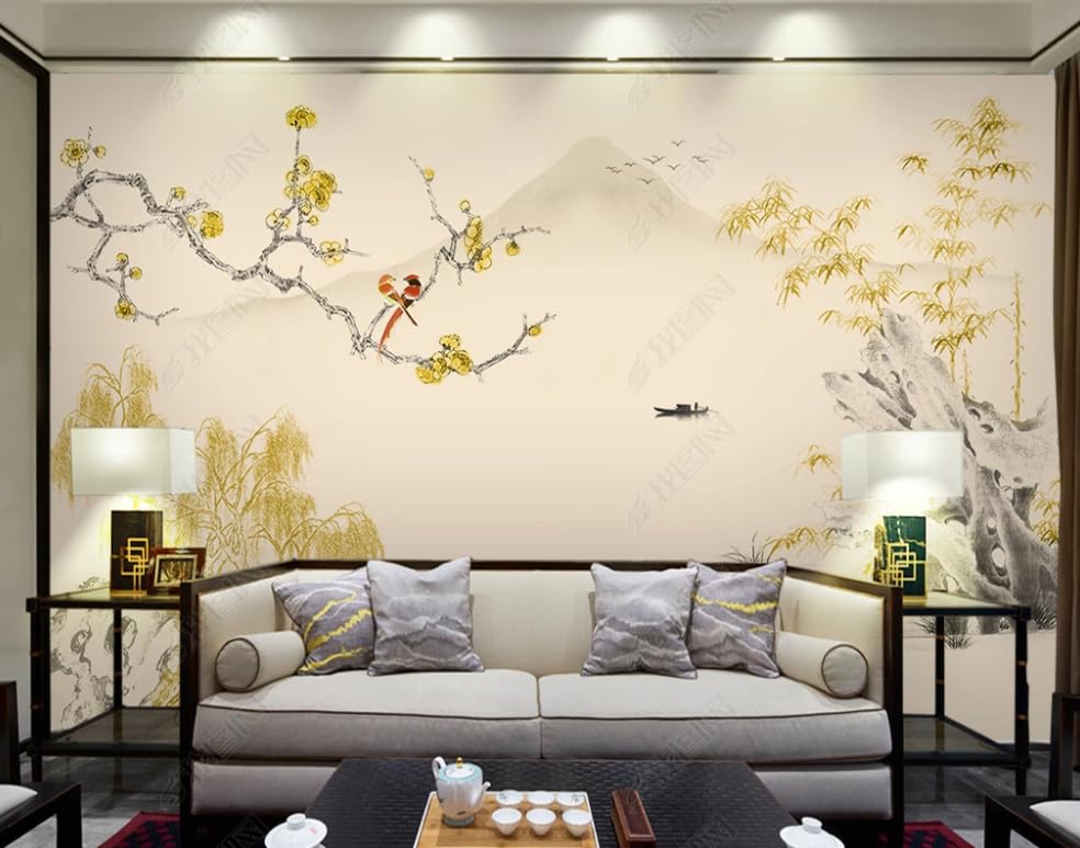 Papier peint intissé bambou et fleur de prunier poster géant mural salon 200x140 cm