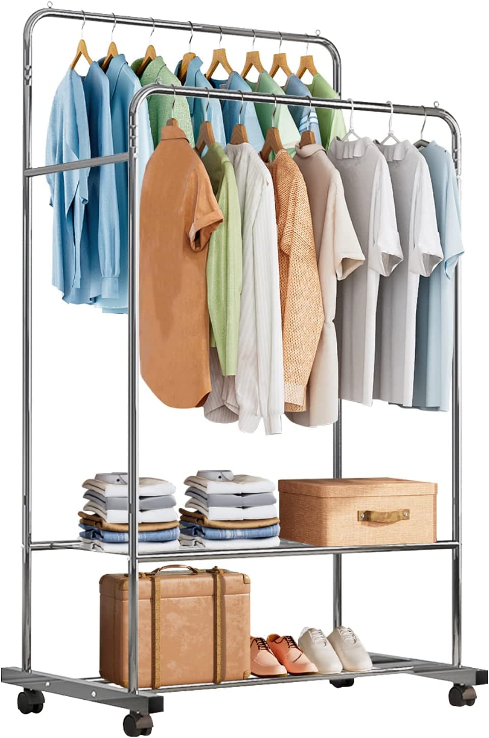 Forthcan Clothes Drying Stand Garment Rack with Shelves Clothes Rack with Wheels Double Rails Clothing Rack Rolling Rack Metal Cloth Stand for Bedroom, Balcony, Hallway, Laundry (Silver)
