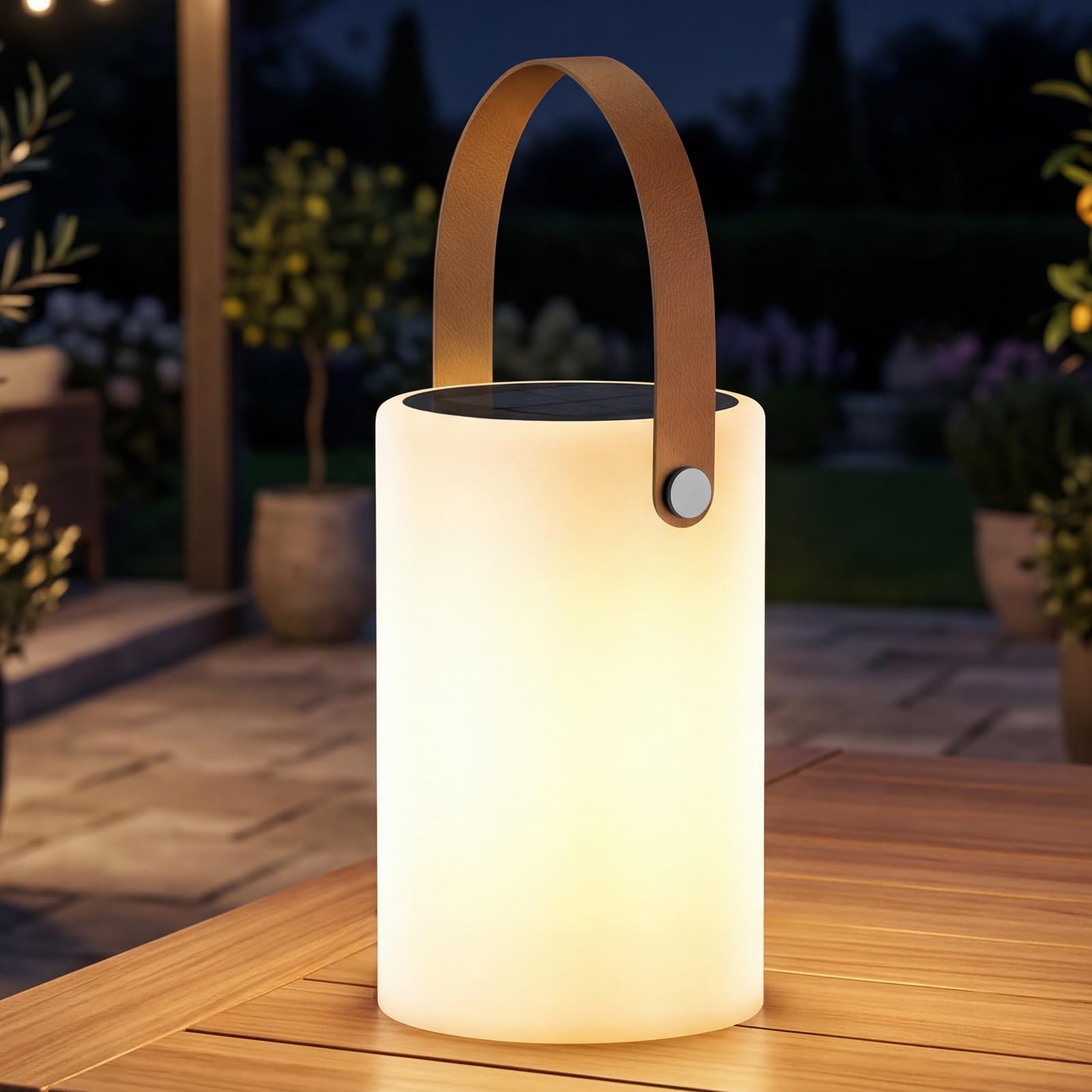 Gewiny Solar-Tischlampe, Outdoor-Solarlaternen, Outdoor-Lampen für Terrasse, wasserdicht, wiederaufladbare Laterne mit Lichtsensor, dimmbar, warmweiß und RGB-tragbare kabellose LED-Leuchten für Garten