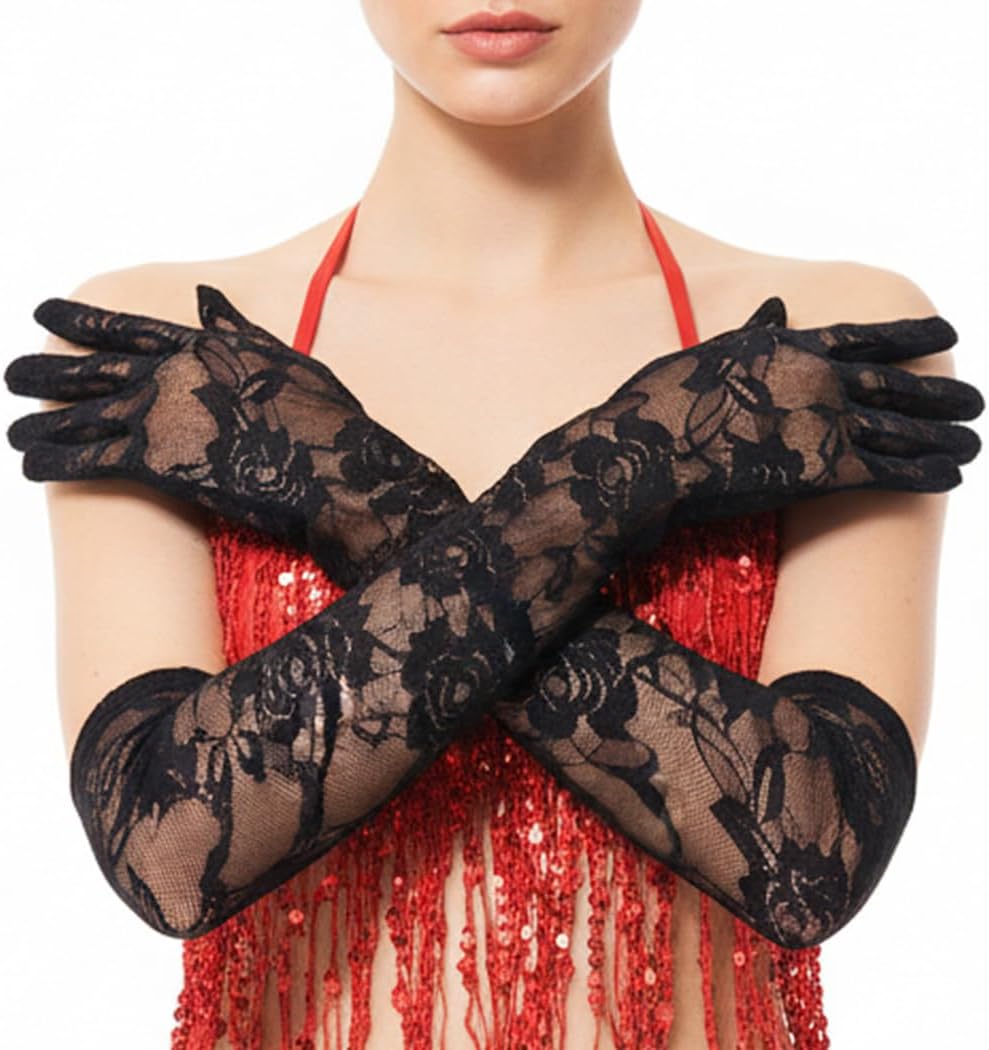 Long Lace Gloves Black Elbow Length Tulle Floral Bridal Gloves Tea Party for Women
