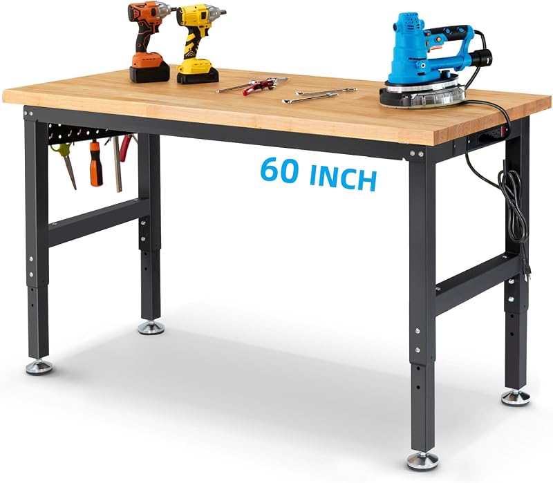 60" Adjustable Height Workbench with Pegboard & Power Outlet | Heavy Duty 2500LBS Capacity Rubberwood Work Table for Garage, Workshop, Home & Office