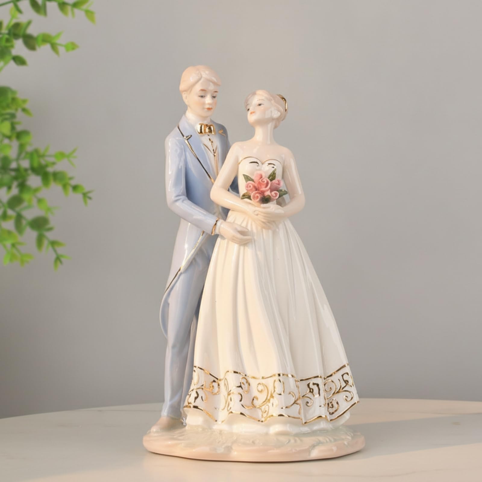F Fityle Figura Nupcial de Cerámica Escultura Pareja en Base Decorativa Estatua Adorno Hogar Cerámica Cocida a Alta Temperatura con Acabado Vidriado Adecuada
