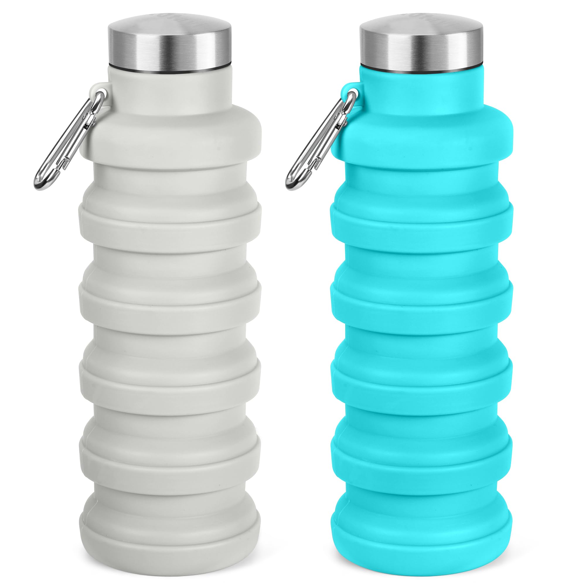 Collapsible Water Bottle, 16oz Portable Reusable Silicone Water Bottle, BPA-Free Leak-Proof Foldable Design with Carabiner, Lightweight Durable for Gym, Travel, Camping, Hiking, Sports(Gray+Blue) — image 1