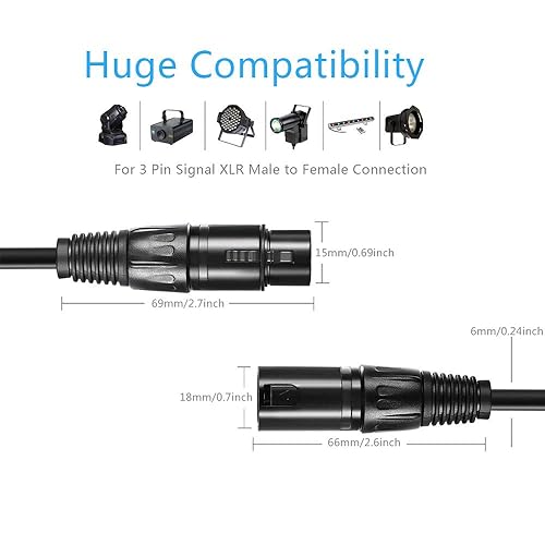 Miniatura 5 de Cable DMX flexible de 25 pies, cable DMX chapado en oro de 3 pines XLR macho a hembra, lo mejor para iluminación de escenario de DJ, luces de cabeza