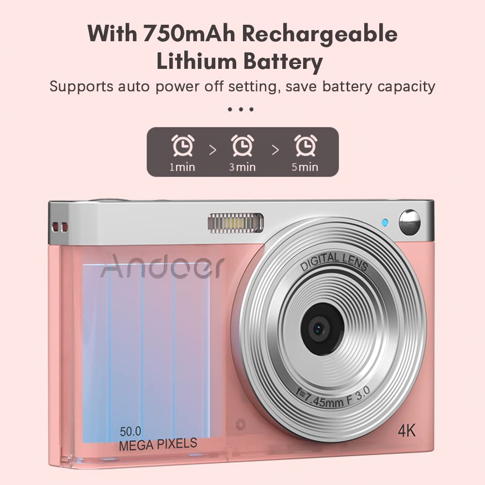 Andoer Appareil Photo Numérique Compact Camera 4K 50 MP 2,88" LCD Rechargeables Appareil Photo avec 16X Digital Zoom pour Enfant Adolescent Étudiant Adulte Débutant Flash Intégré