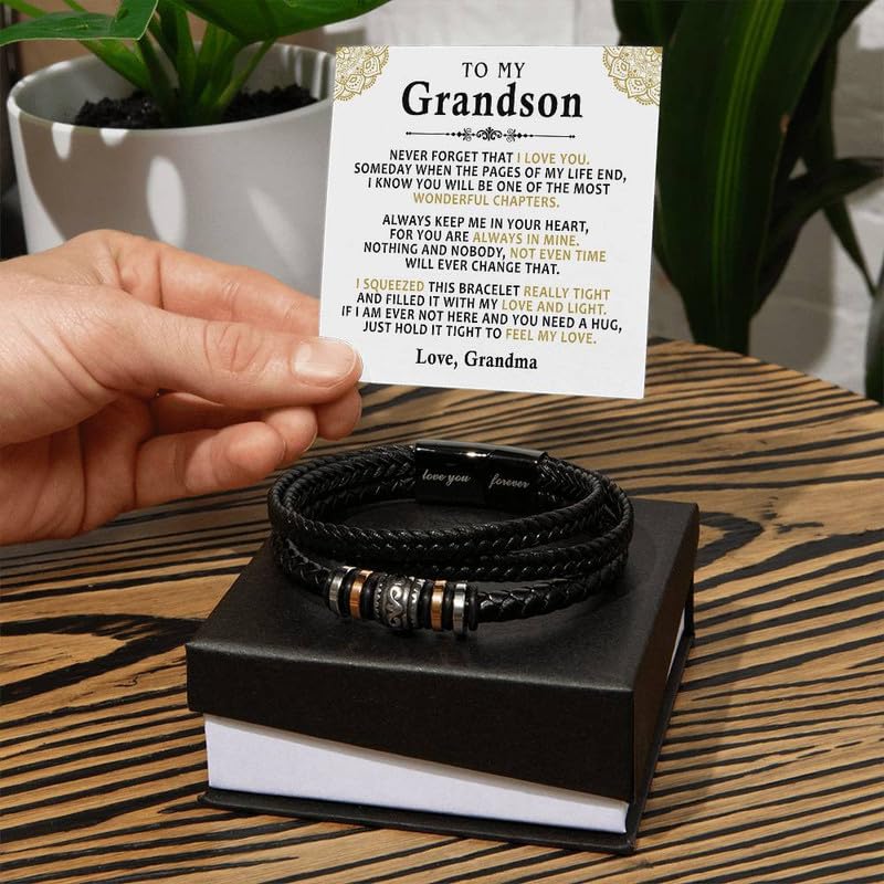 To My Grandson Bracelet from Grandma and Grandpa, Leather Bracelet For Grandson From Grandparents, Graduation Gift For Grandson, Grandson Birthday With Message Card and Gift Box.2