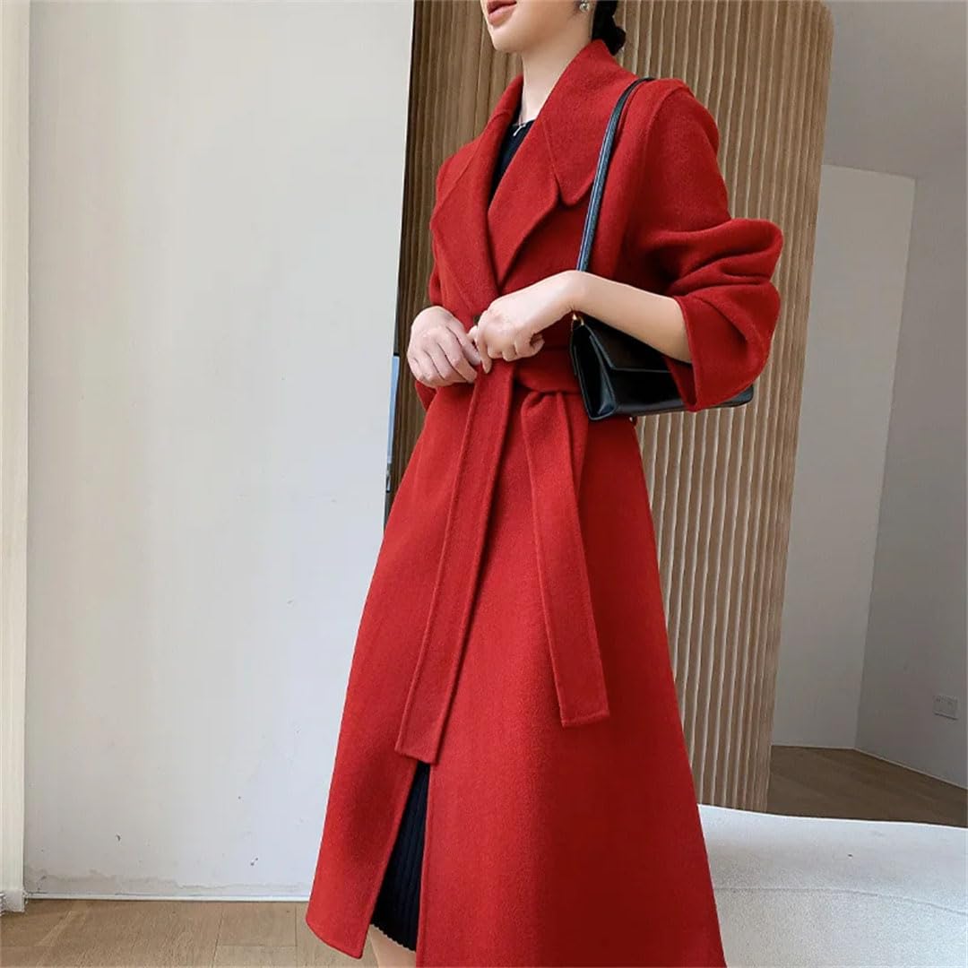 Abrigo largo de lana reversible de lana para mujer, abrigo largo de invierno con bolsillos y cinturón