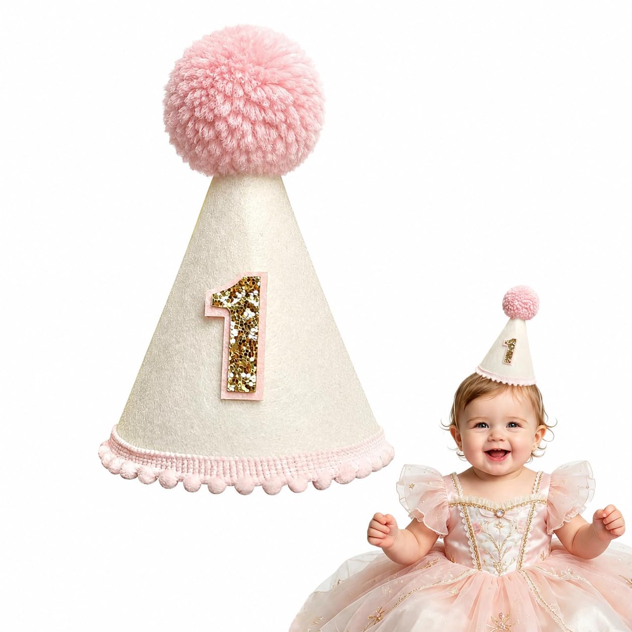 YEVON 1st Birthday Hat for Baby Girls – Soft Felt First Birthday Hat with Pink Pom Pom – Adjustable Conical Baby Party Hat for 1 Year Old Birthday Decorations and Photo Props
