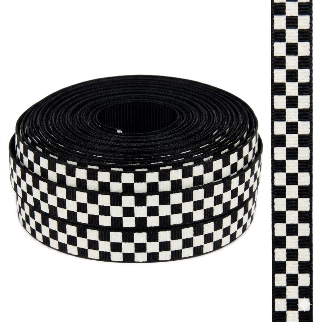 Photo 1 of SIGRIDEE Checkered Grosgrain Ribbon, 3/8 Inch x 25 Yards, Black/White