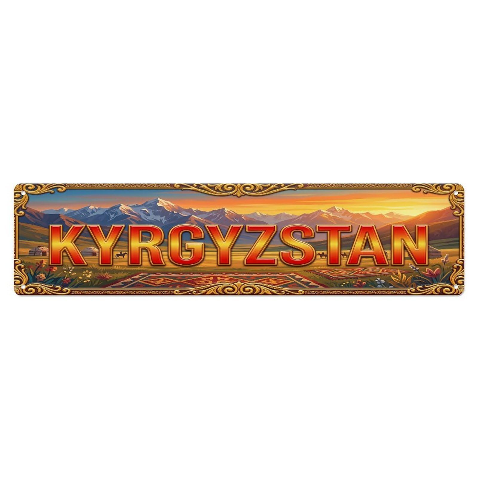 Cmhok Vintage Style Vintage Kyrgyzstan Flag Travel Pattern Metal Tin Sign Wall Decor For Cafe, Club, Garden Metal Poster 4X16inch