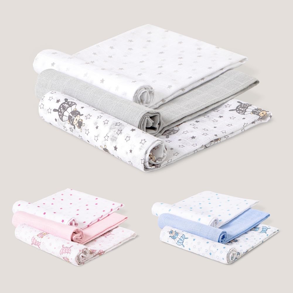Interbaby Muselinas Bebe Algodon 80x80cm | Pack 3 Gasas para Bebes Recien Nacidos, Lactancia, Toalla, Manta | Muselinas Bebe Cómoda, Suave, Transpirable | Diseño Paracaidista Gris — view 4