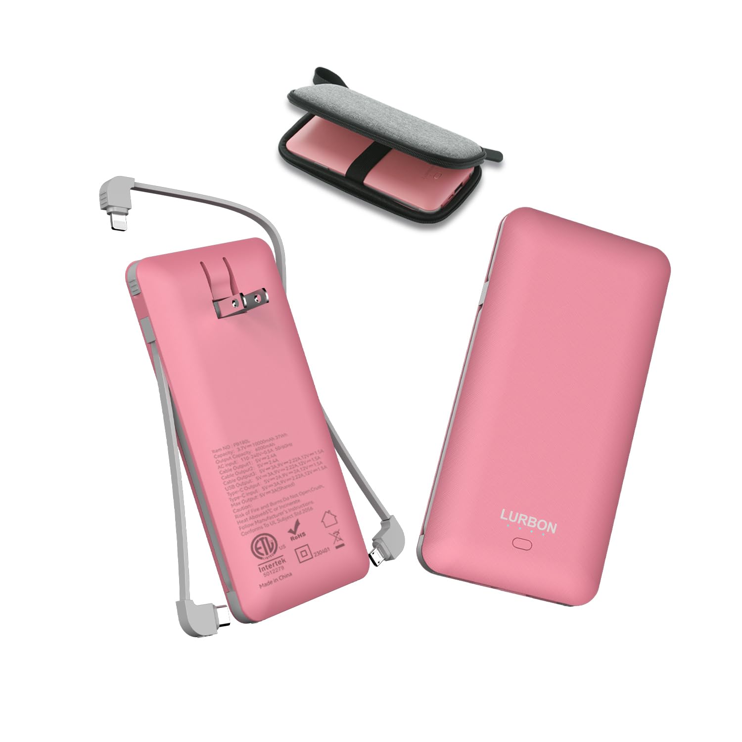 10000mAh Portable Charger,USB C Power Bank with Built-in Cables and AC Wall Plug,Travel Essentials External Battery Pack Compatible with iPhone,Samsung,Tablet Smart Device (Pink) …