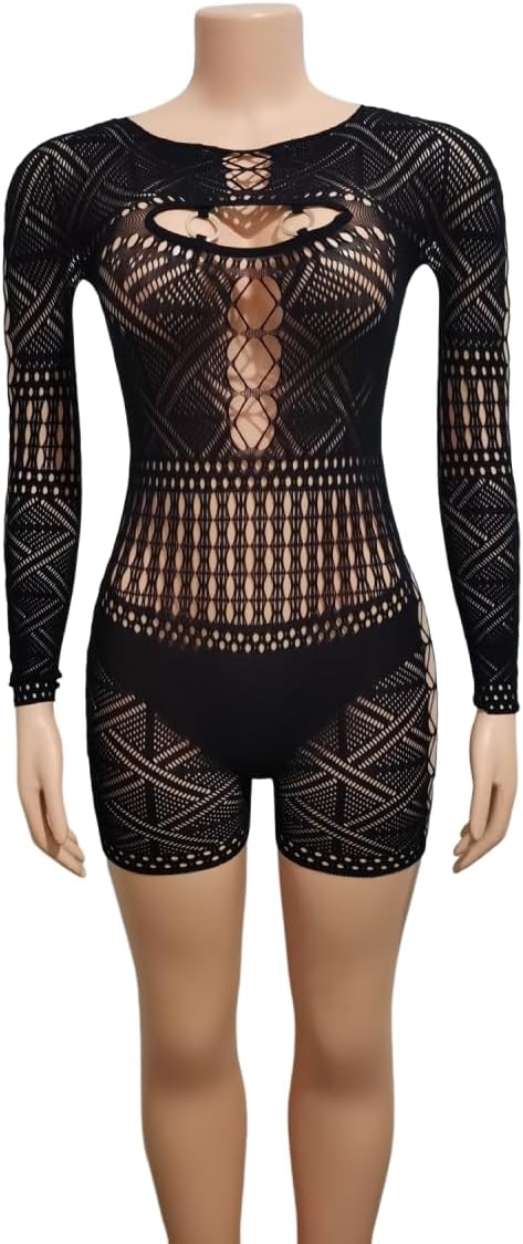 Women's Sexy Long Sleeve See Through Hollow Out Sheer Ultra Stretchy Mesh Bodysuit - Image 6