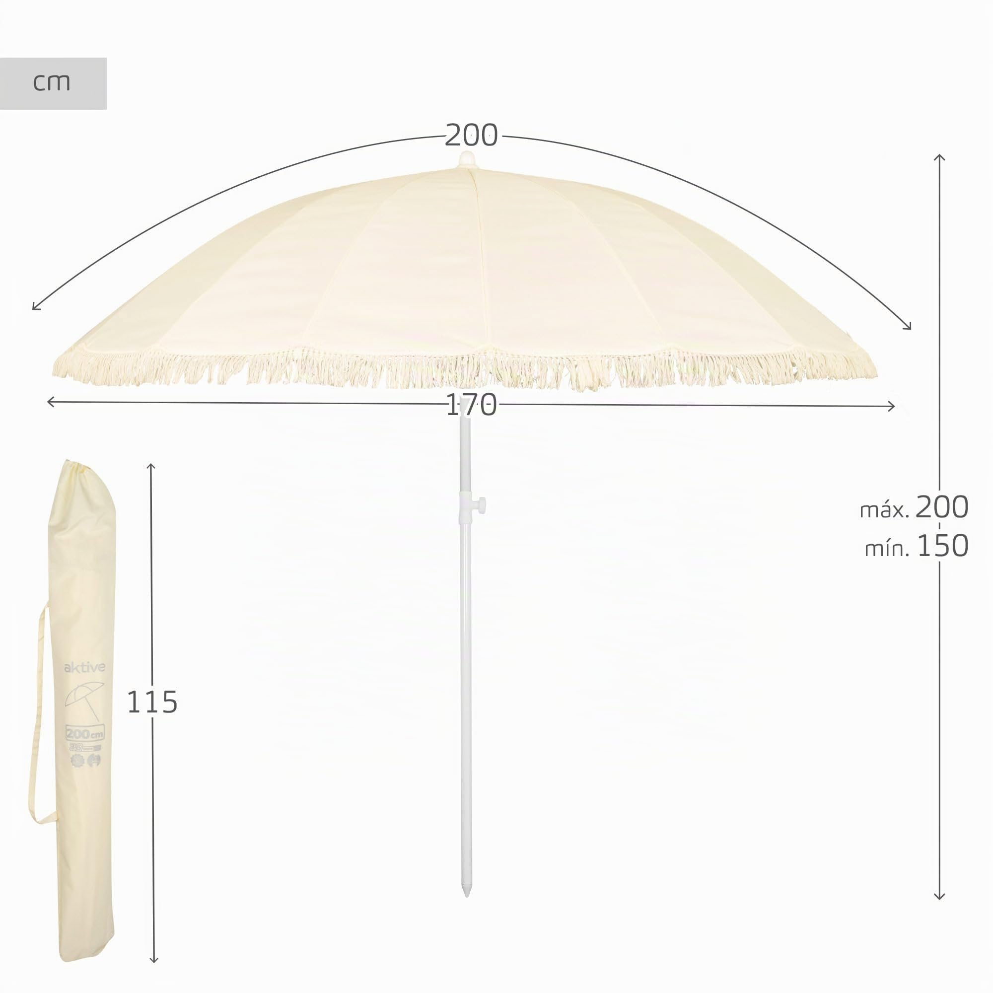 AKTIVE Sombrilla playa 16 varillas 200 cm beige, mástil de acero inclinable, protección UV50, diseño con flecos, varillas reforzadas, funda de transporte incluida, optima para la playa (62432)