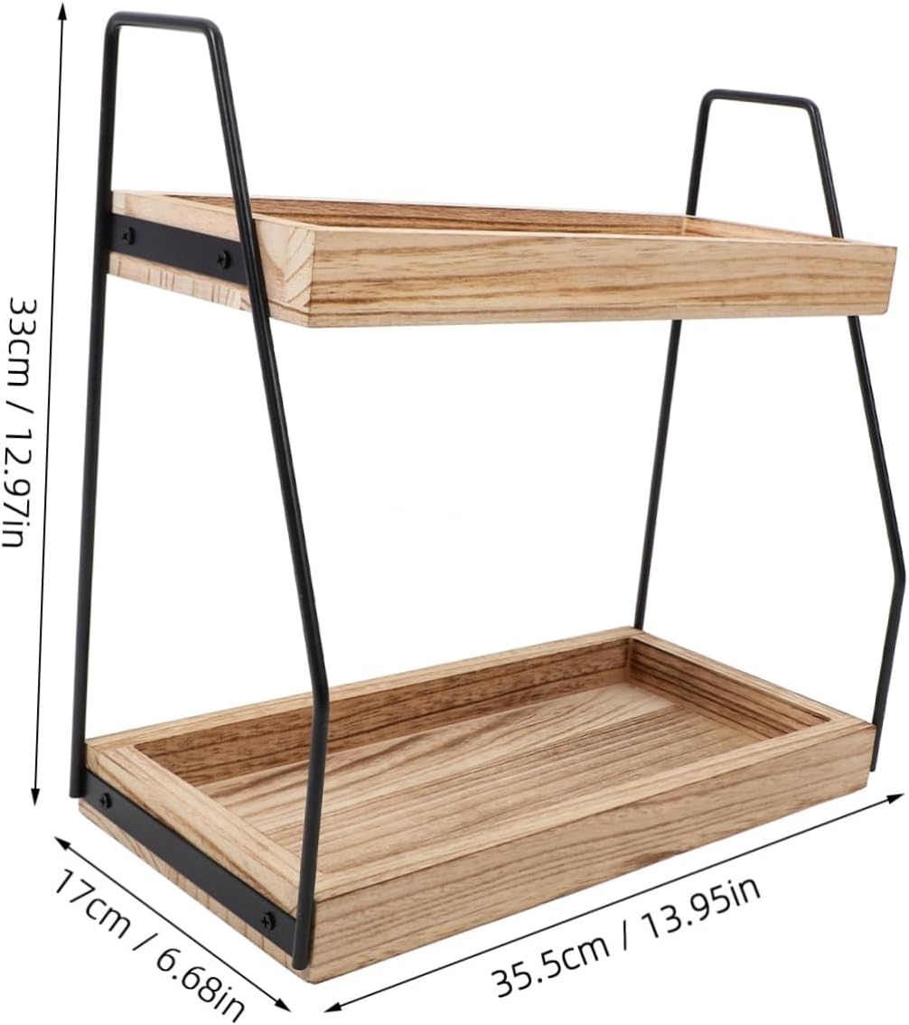Double Wooden Storage Rack with Iron Frame Versatile Seasoning Organizer and Bathroom Cosmetics Shelf Kitchen Counter Tray for Item Storage and Easy Access