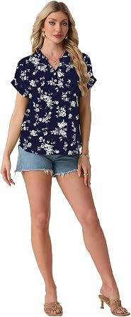 HiMONE Womens V Neck Blouse Short Sleeve Textured Top Loose Fit Casual