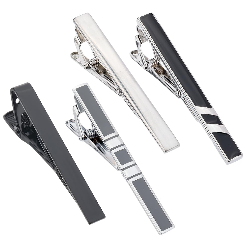 GORGECRAFT 4 Styles Tie Clips Set for Men Silver Black Classic Tie Clip Long Style Tie Bar Clip Set Square Edges Tie Tack Pins Necktie Wedding Business Casual Clips for Formal Occasions and Daily Life