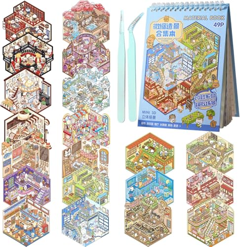 Image of 20 Scene Stickers 3D Miniature Scene Stickers 3D House Stickers Cozy Stickers for Stress Relief and Passing Time with 2 Tweezers (Business Town)