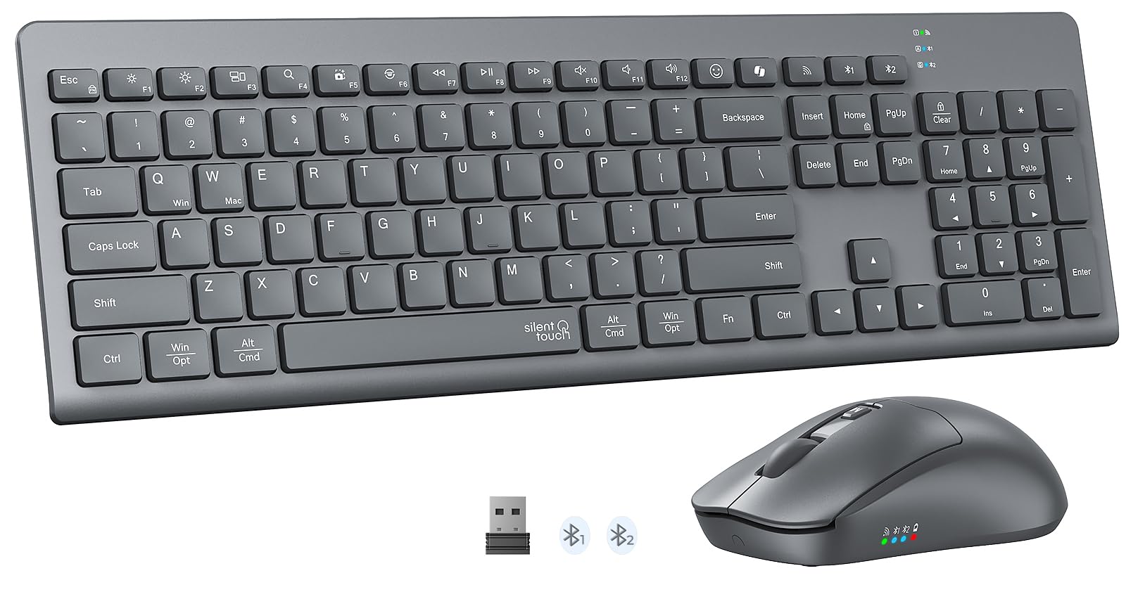 Klawiatura i mysz Bluetooth, 3 połączenia wielu urządzeń, cicha, pełny rozmiar, ergonomiczna klawiatura z 4-stopniową regulacją DPI, kompatybilna z PC/laptopem/Mac/Mac/iPadem/tabletem, szara