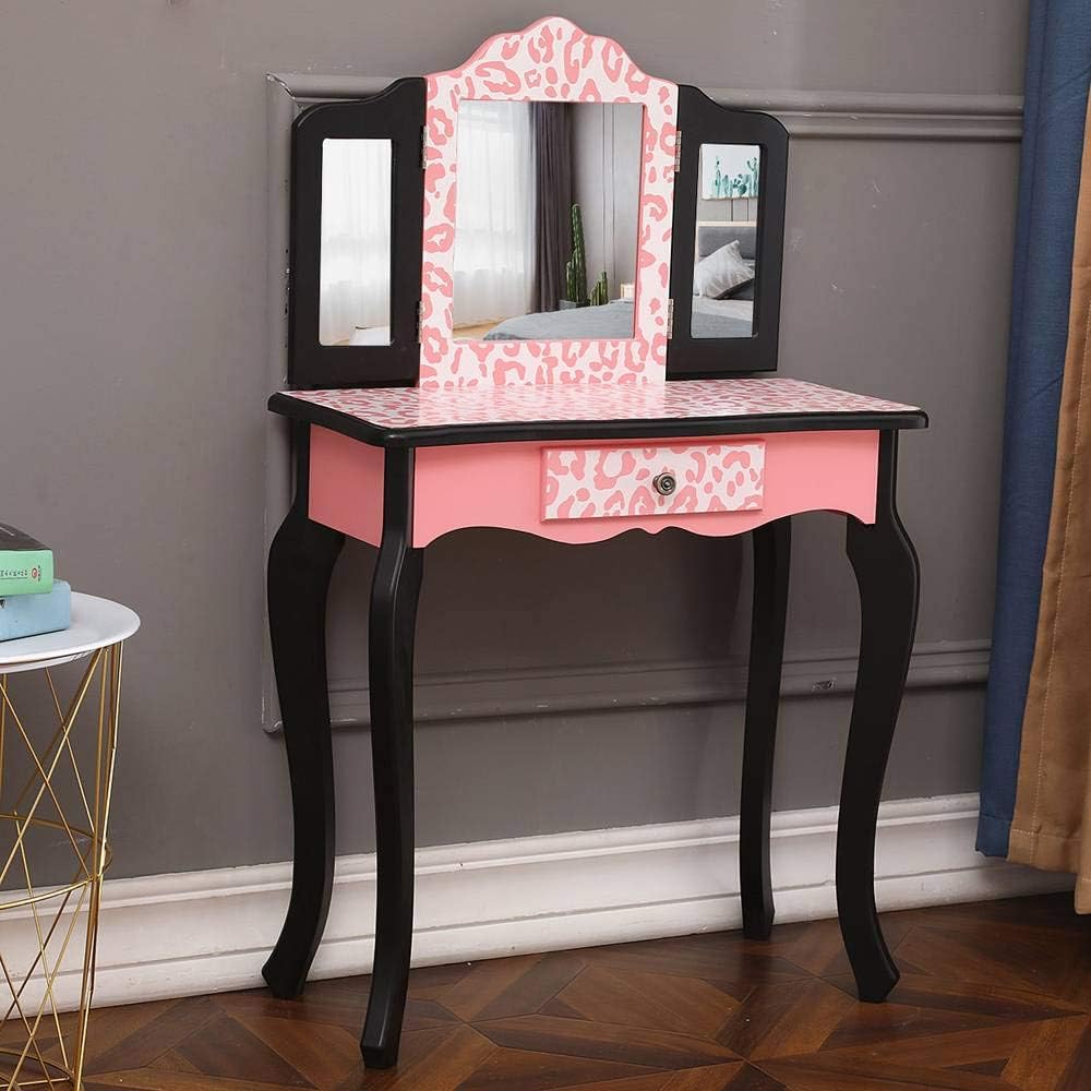 Kids Dressing Table,Wooden Makeup Table and Chair Set for Girls,Pink Leopard Print Child Vanity Desk Three-Fold Mirror Dresser with Drawer,Birthday Gift
