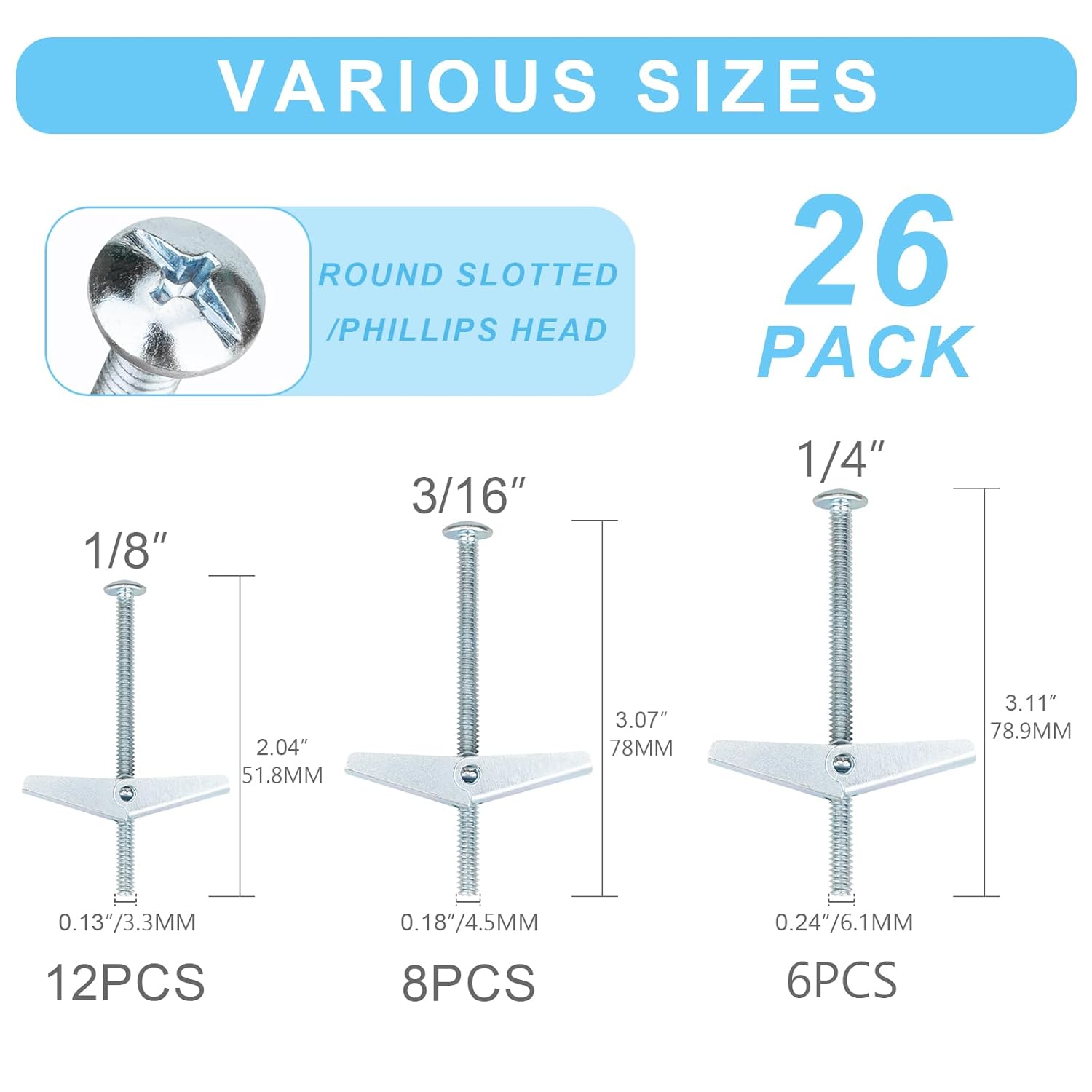 26 Piease Heavy Duty Drywall Anchors and Screws,Toggle Bolts and Wing Nuts Set, Hollow Drywall Anchors Bolts Screws Assortment Kit for Hanging Lamps Heavy Items 1/8" 12pcs, 3/16" 8pcs, 1/4" 6pcs
